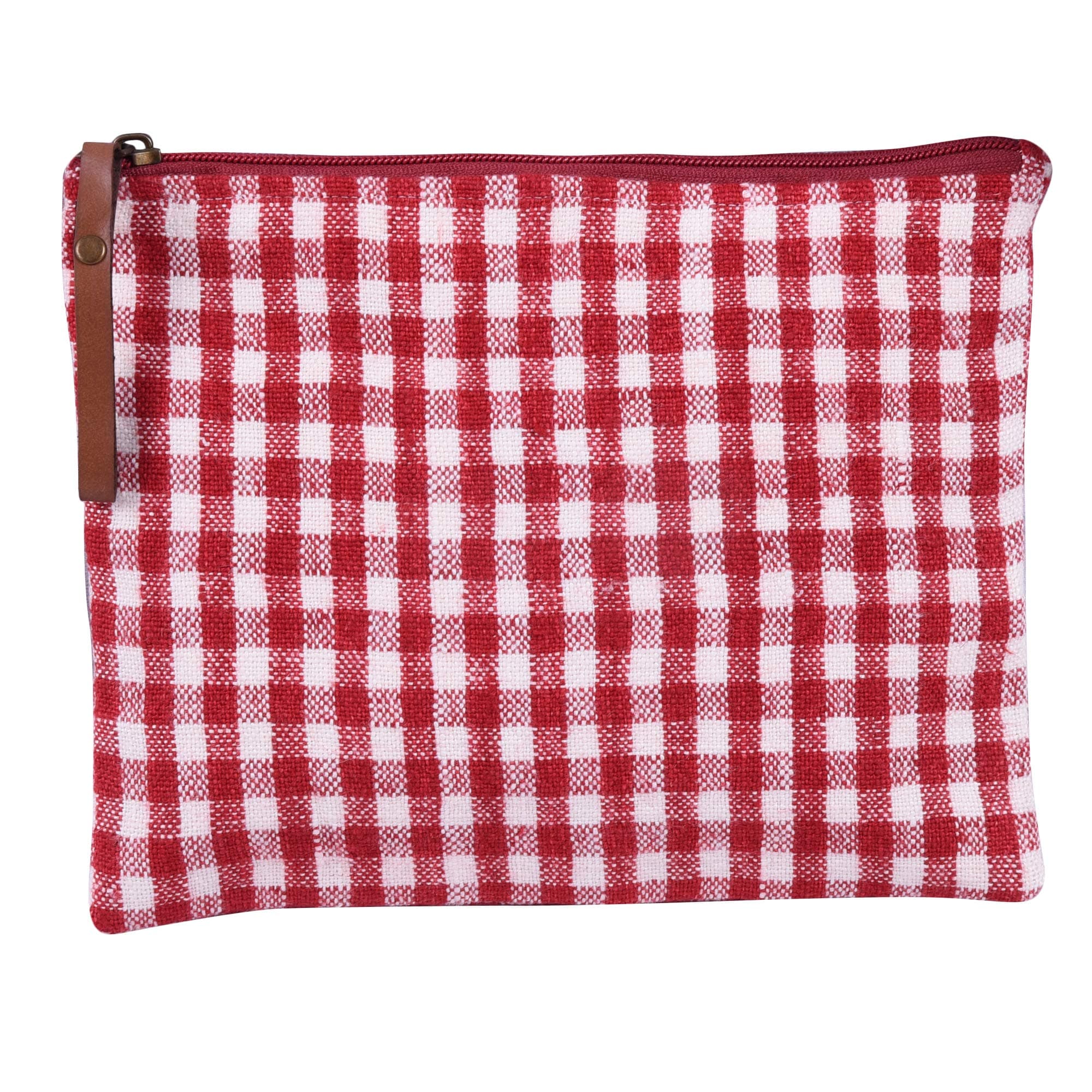 SnH Homes Gingham Check Linen Single Compartment Multipurpose makeup/cosmetic/travel/stationery/Accessory Red Pouch/Case/Kit/clutch/wallet with Zip & Leather wristlet (pack of 1)