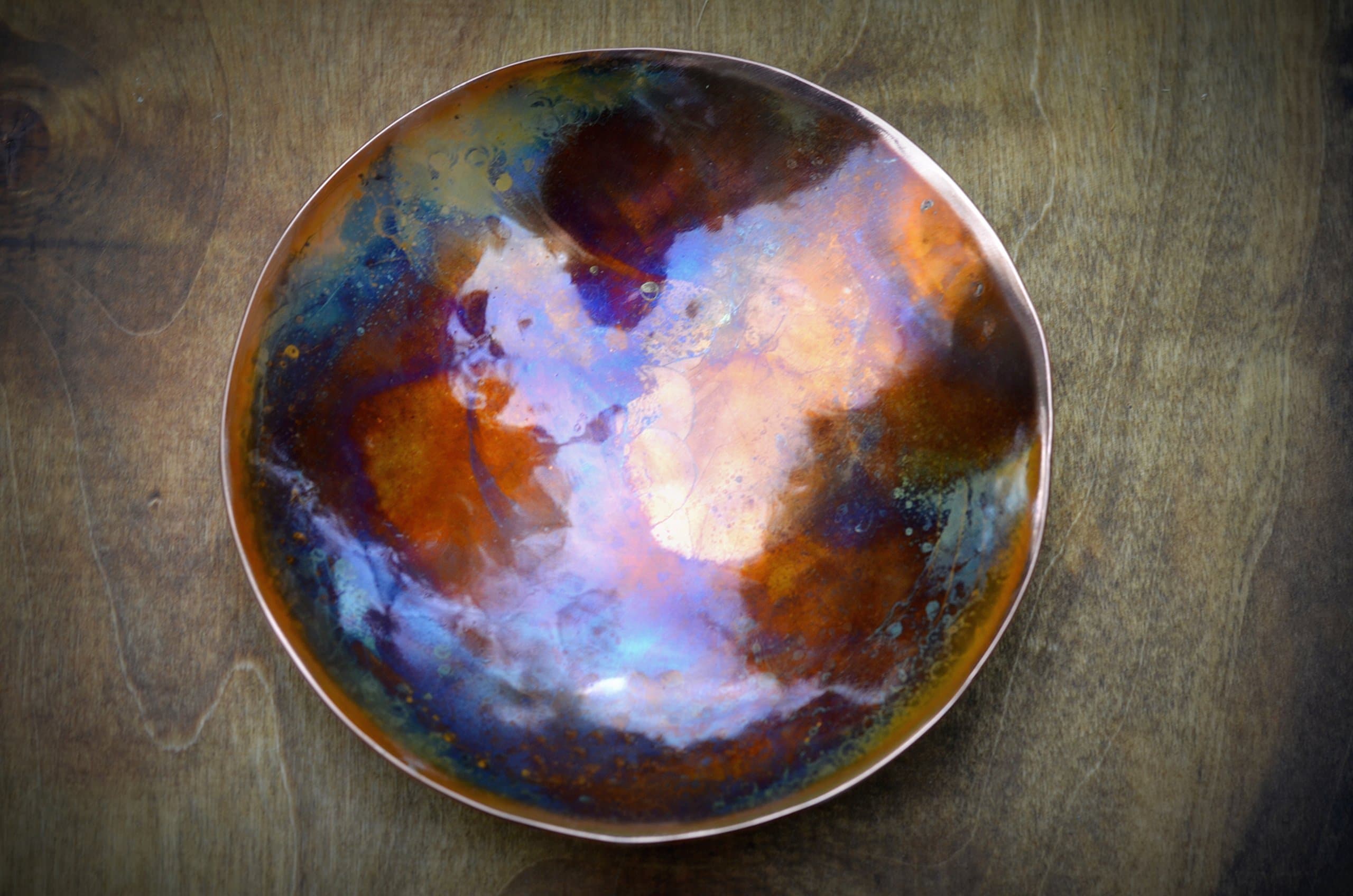 Small Copper Bowl Round Rainbow Colored Copper Bowl * Blacksmith Made Home Kitchen Decor * 7 Year Anniversary Copper Gift * Round Copper Bowl with Marbled Texture and Rainbow Patina