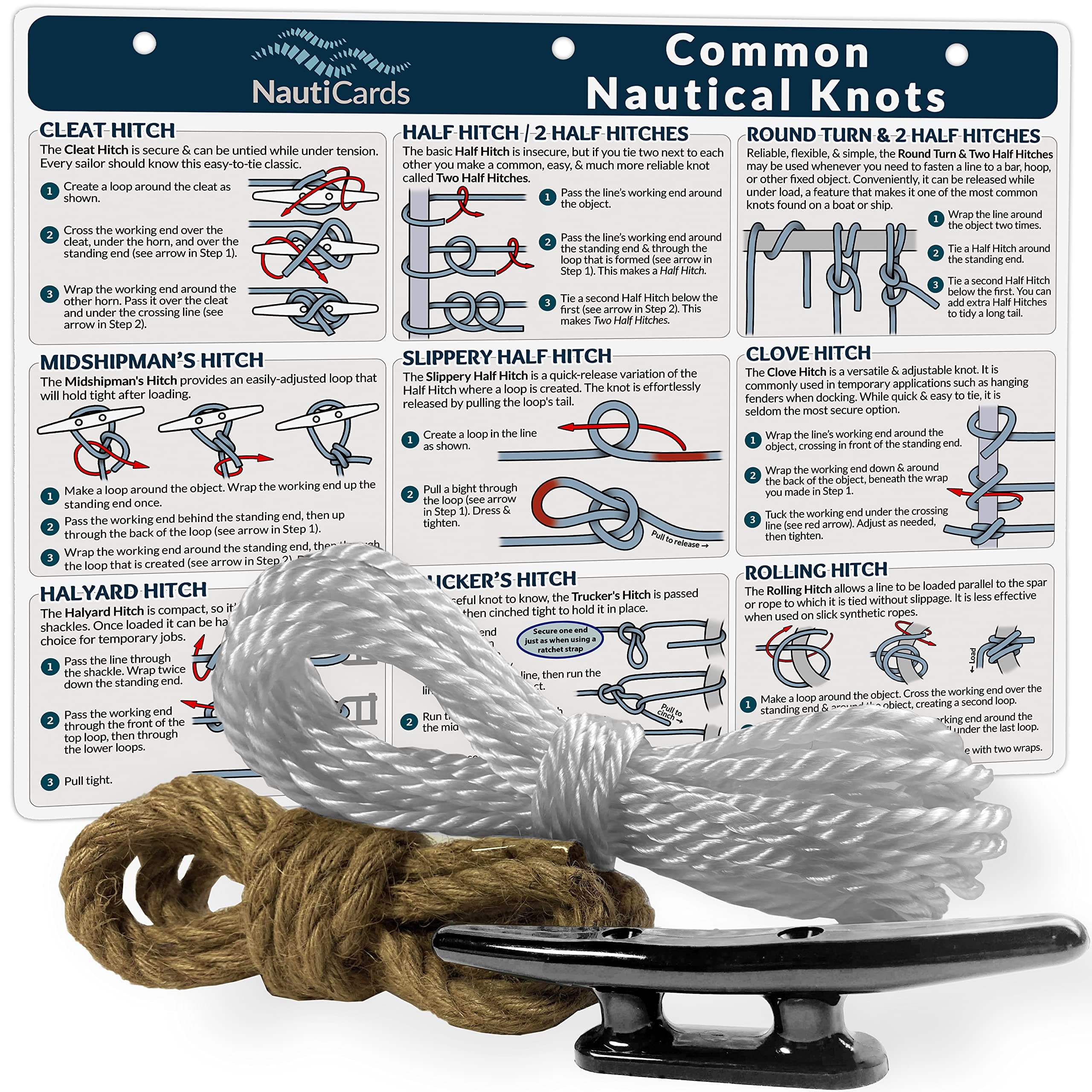 Deluxe Nautical Knot Tying Kit - 6" Boat Cleat, Jute and Poly Ropes, and Waterproof Nautical Guide to 21 Sailing and Boating Knots