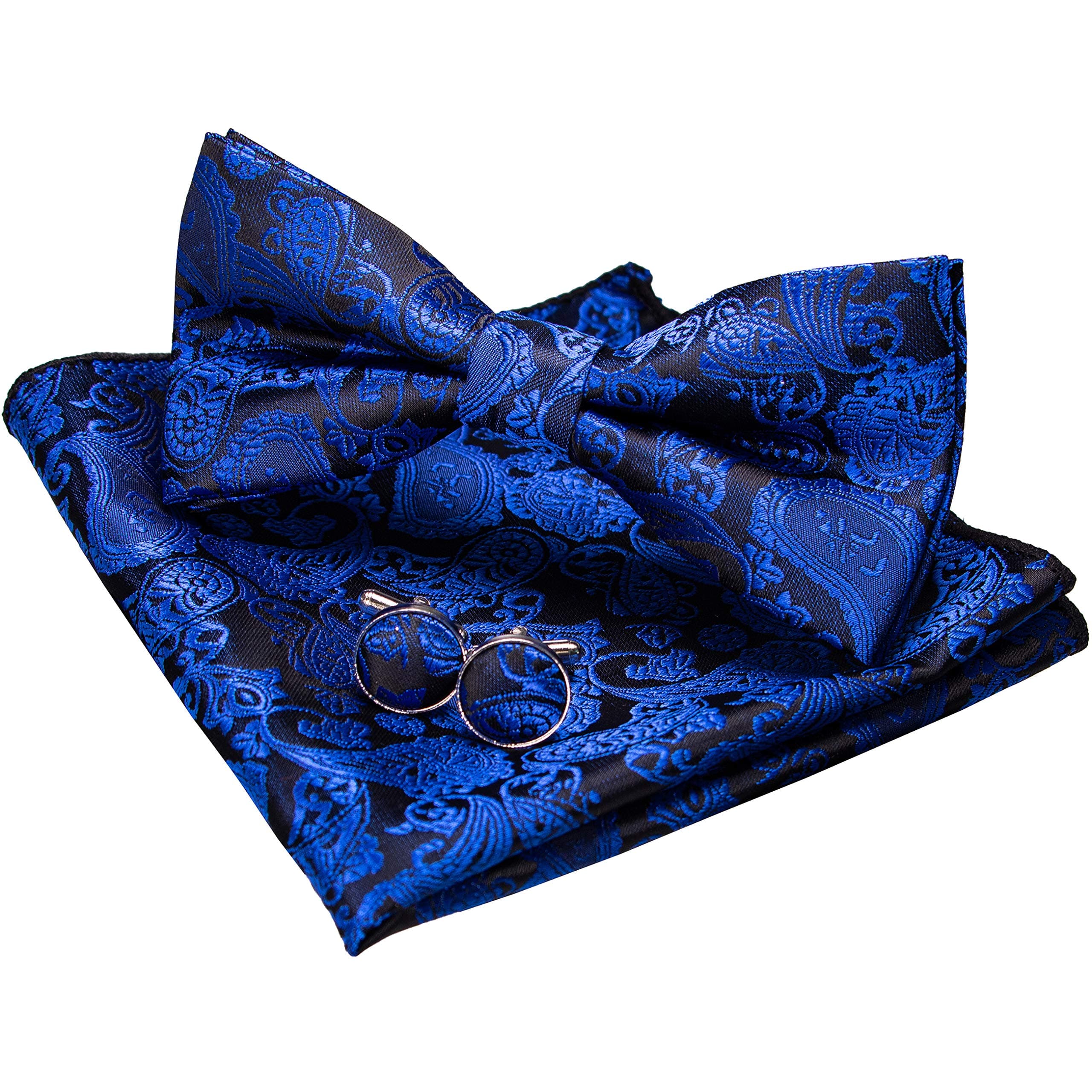 Solid Color Paisley Bow Tie and Pocket Square with Cufflinks Sets for Men