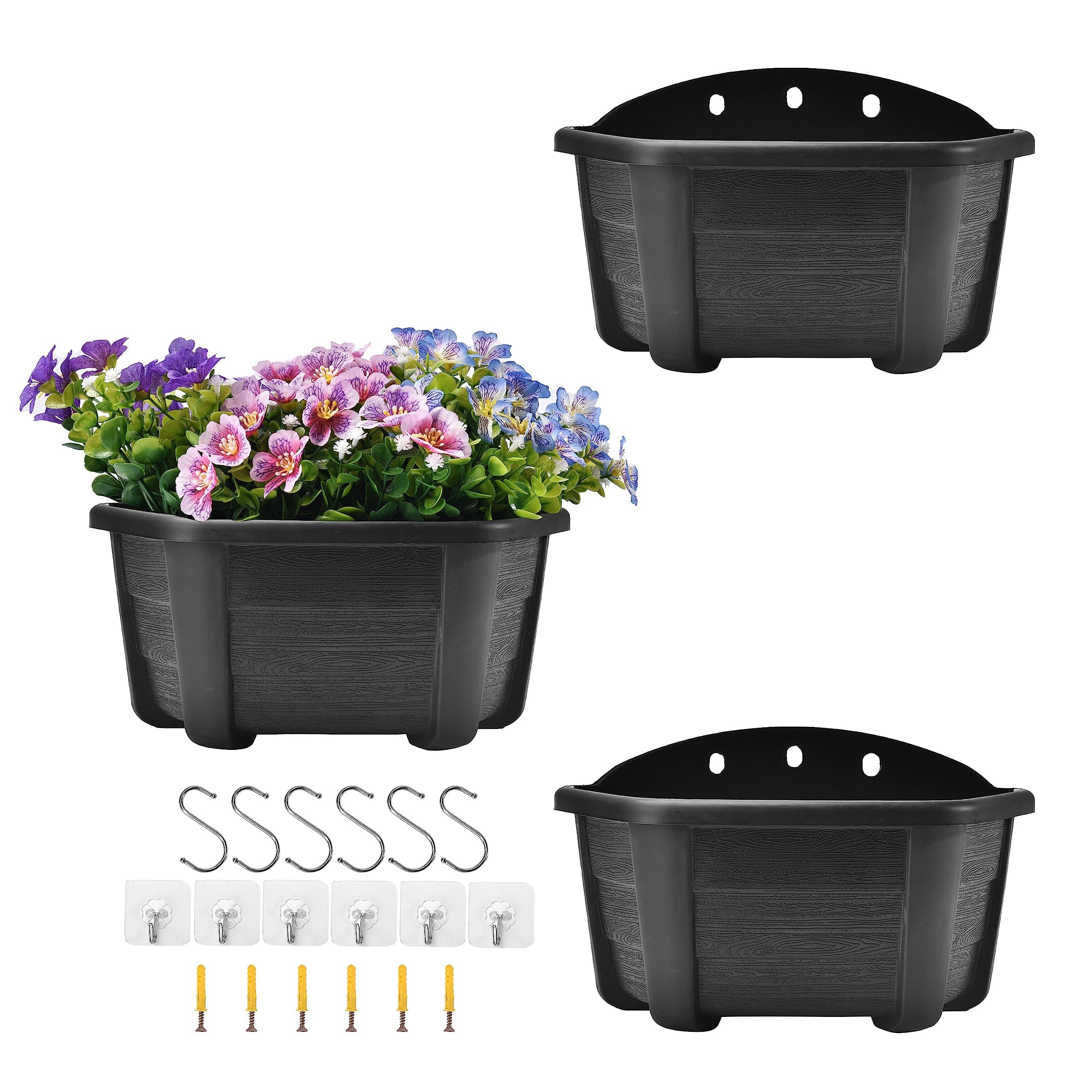ORIMERC 9.8 inch 3 Pack Wall Hanging Planters Pots for Indoor Plants Wall Plants Holder with Drainage Hole Balcony Planters Railing Hanging Pot Fence Vertical Living Mount Outdoor with Hooks/Screws