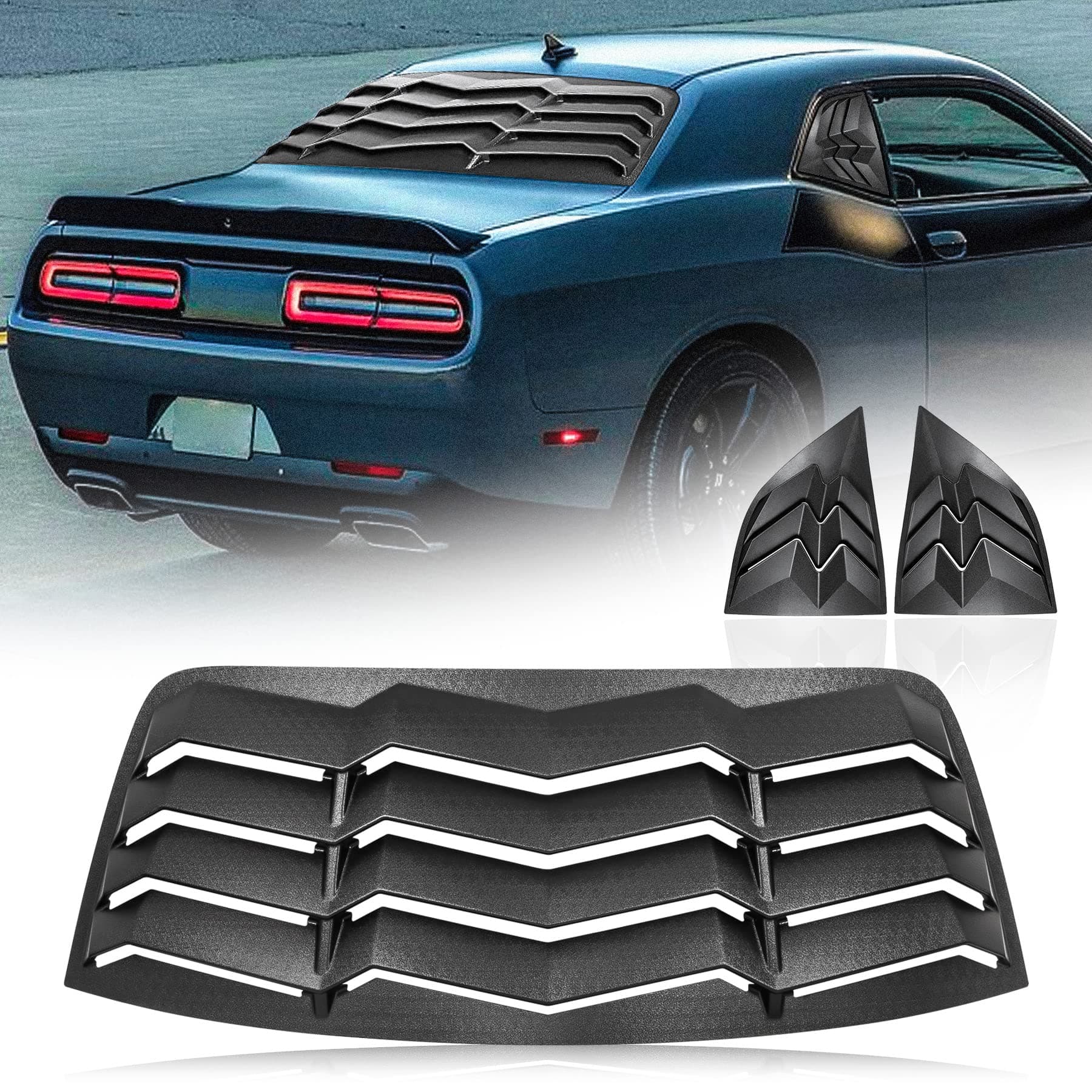 Rear+Side Window Louver ABS Windshield Sun Shade Cover Compatible with Dodge Challenger 2008-2022 2023 in GT Lambo Style Matte Black
