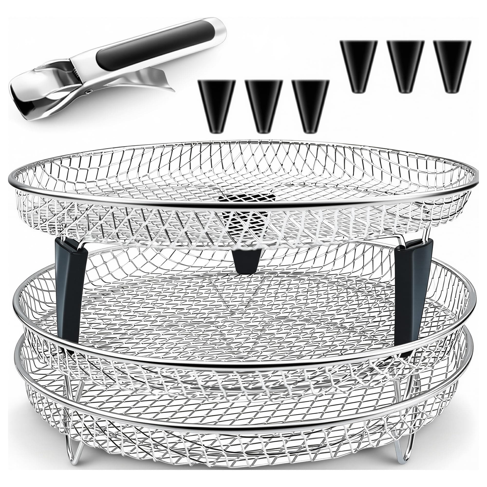 Upgrade Air Fryer Rack, Three Stackable Dehydrator Racks for Gowise Phillips USA Cozyna Ninja Airfryer,Stainless Steel Round Air Fryer Rack (Round)