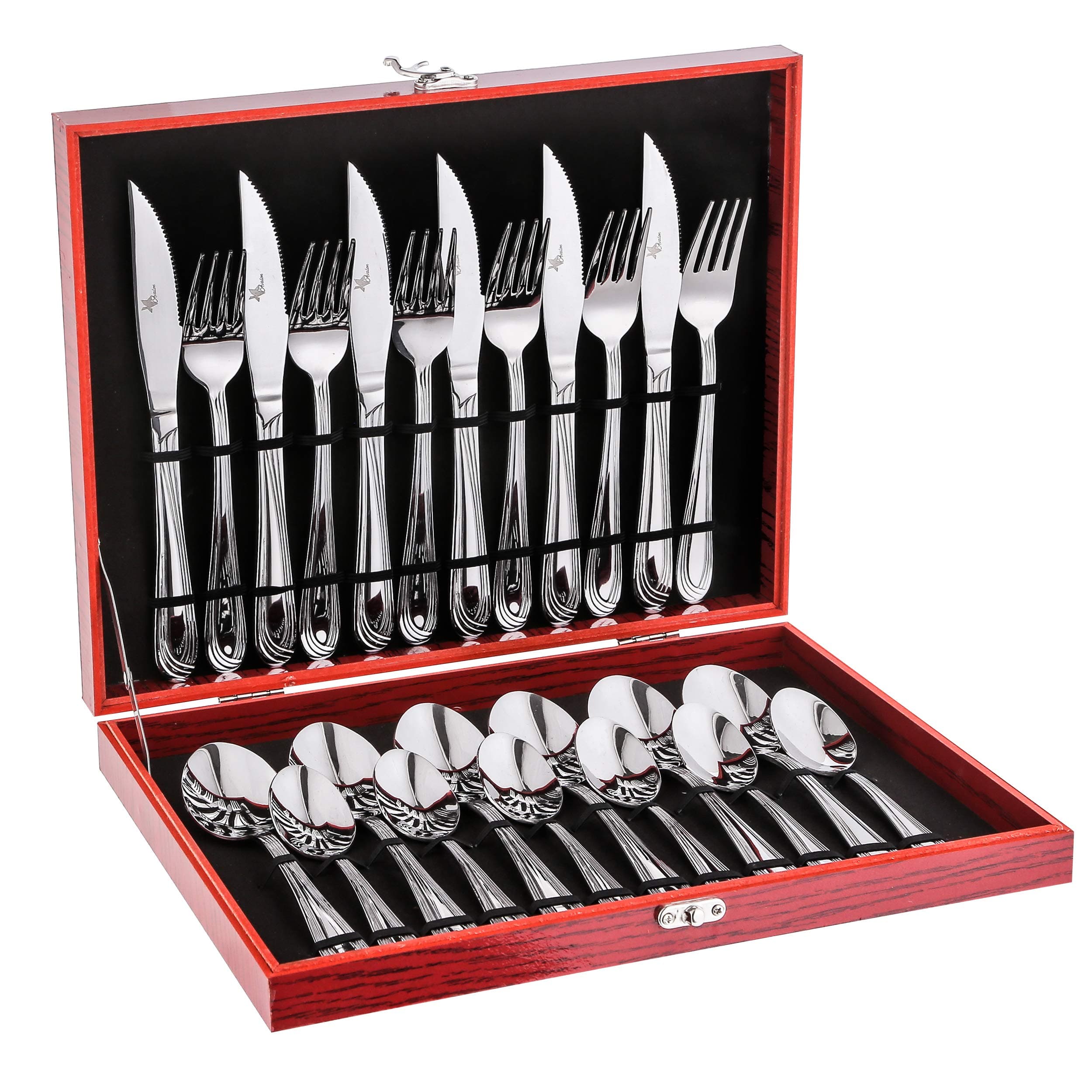 Avalon Silverware 24-Piece Set with Storage Chest Box, High Grade 18/10 Stainless Steel Flatware Cutlery Tableware Set, Service for 6, Mirror Polished, Dishwasher Safe