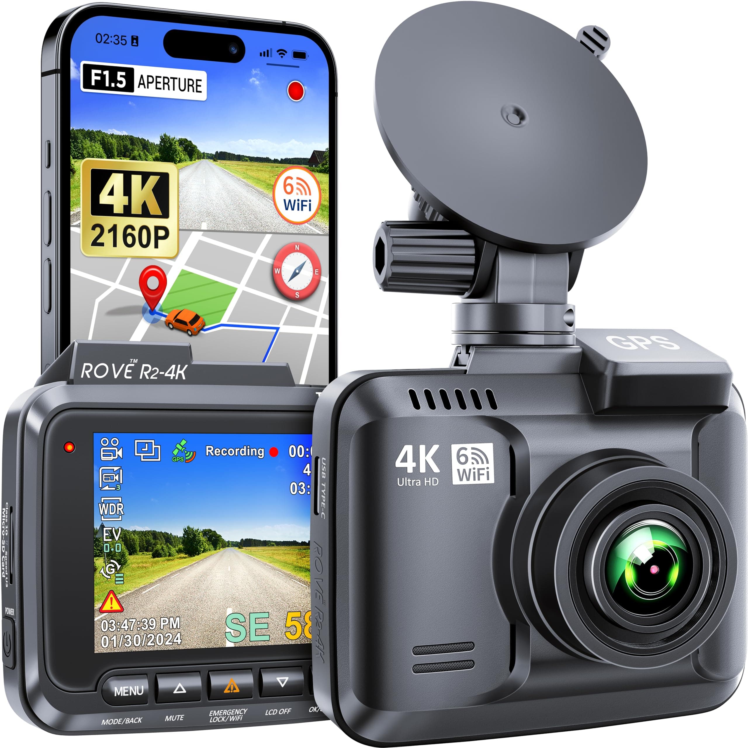ROVE R2-4K Dash Camera, Built-in WiFi, GPS Dash Camera, UHD, 2160P, 2.4-inch LCD, 150° Wide Angle, WDR, Night Vision, Parking Surveillance, Japanese Instruction Manual Included, Supports Up to 512 GB