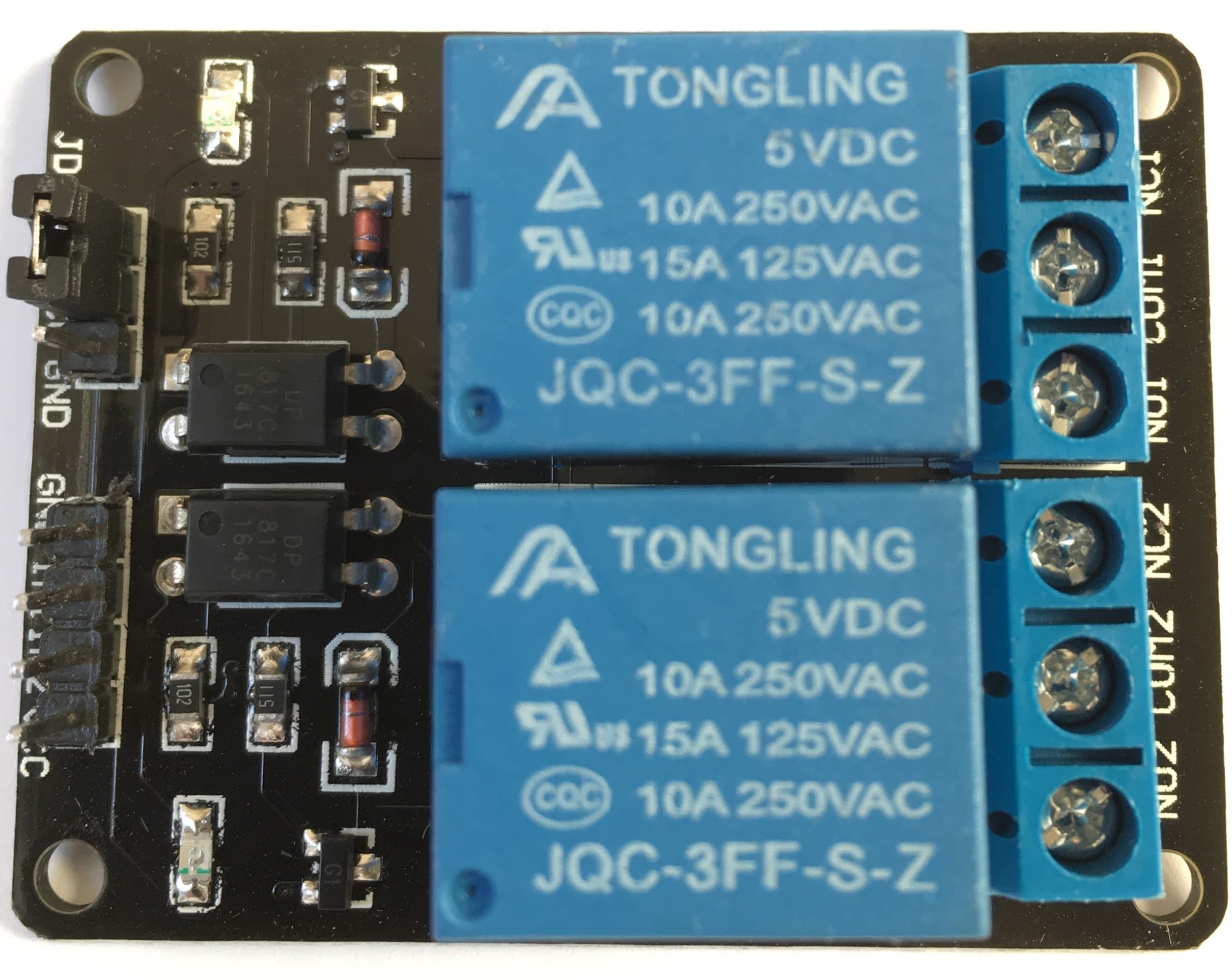 5 V DC 2-channel, low level trigger, power relay module, JQC-3FF-S-Z, 10 A, 250 V AC, 15 A, 125 V AC, RBTMKR