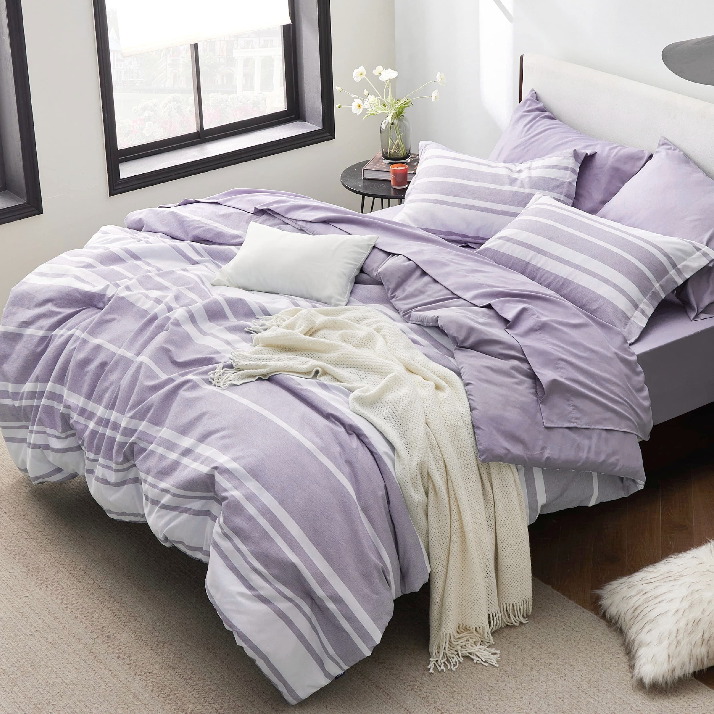 Full Comforter Set 7 Pieces, Purple Striped Bedding Set for All Seasons, Reversible, Cationic Dyeing Bed in a Bag with Comforter, Sheets, Pillowcases & Shams