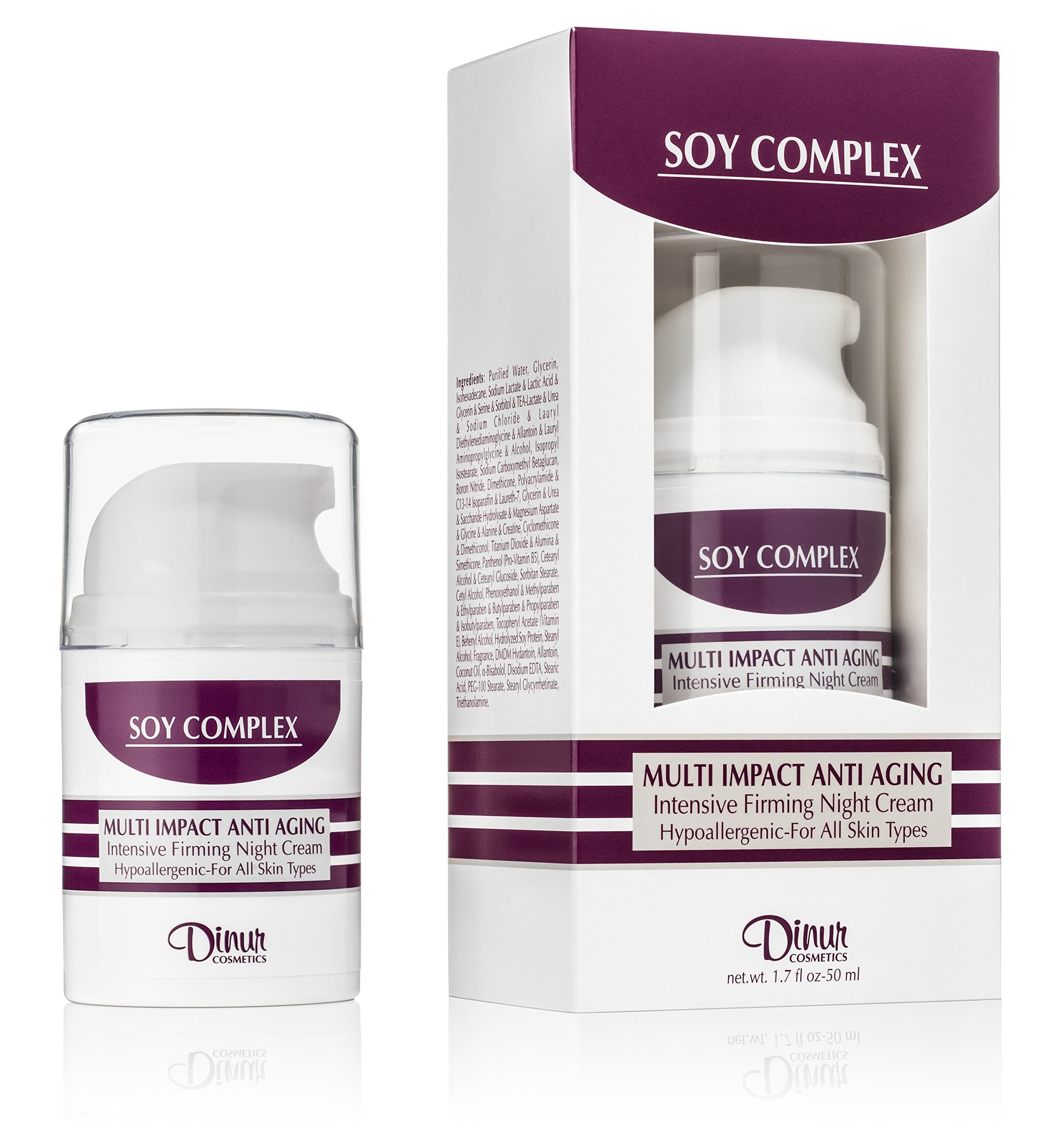 Dinur Cosmetics SOY COMPLEX Multi Impact Anti Aging Night Cream Intensive Firming Formula for Youthful Skin 1.7 oz. 50 ml.