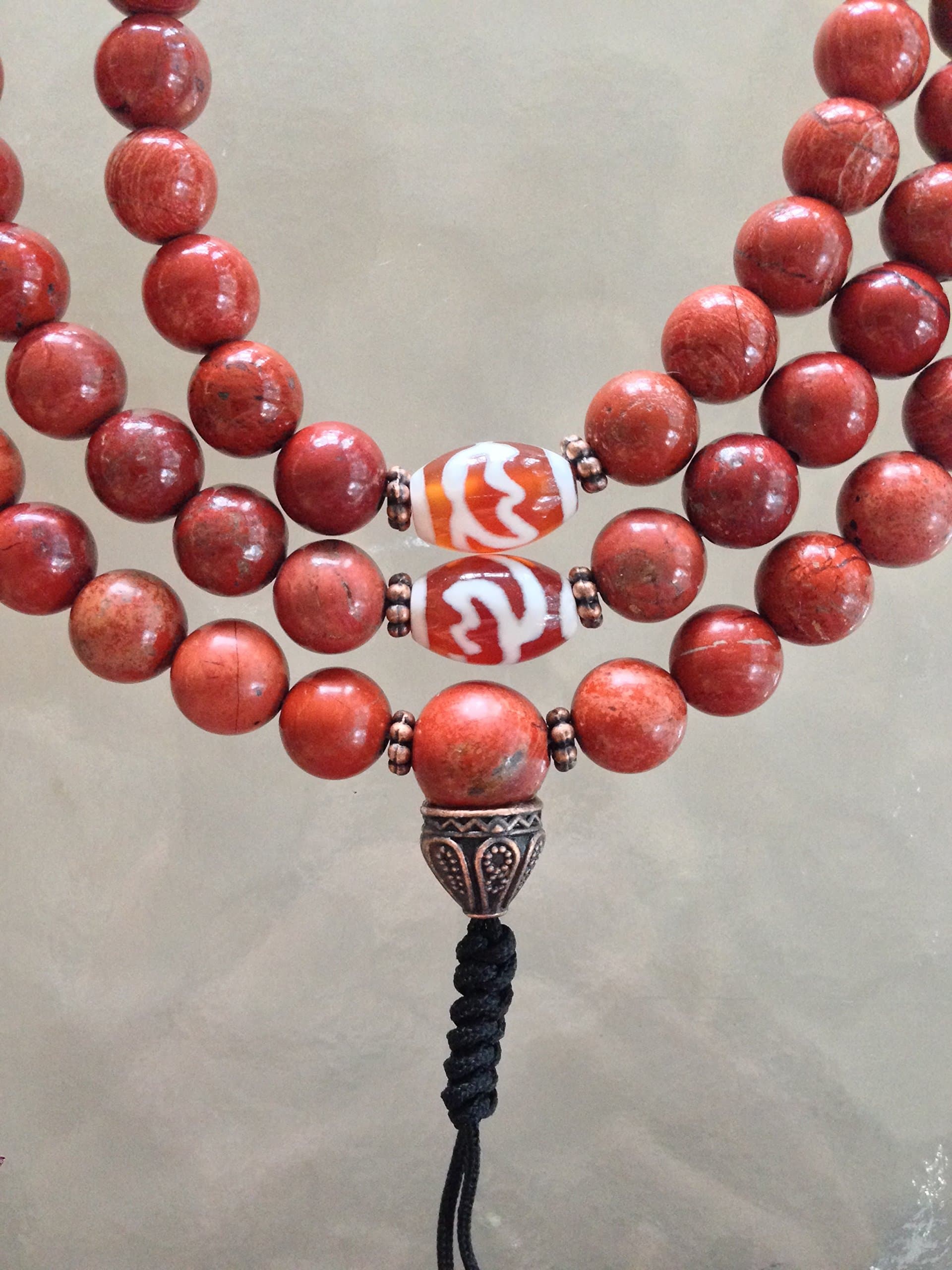 Jasper and dZi Bead Mala Prayer Beads with Knot End