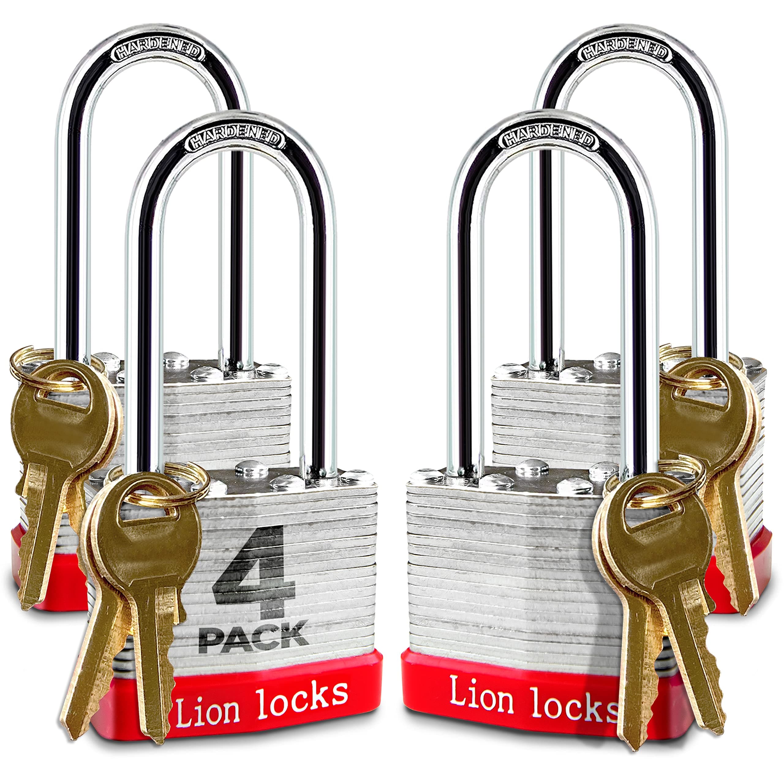 Lion Locks 4 Keyed-Alike Padlocks w/ 2” Long Shackle, 8 Keys, Hardened Steel Pad Lock, Pick Resistant Brass Pin Cylinder (Pack of 4)