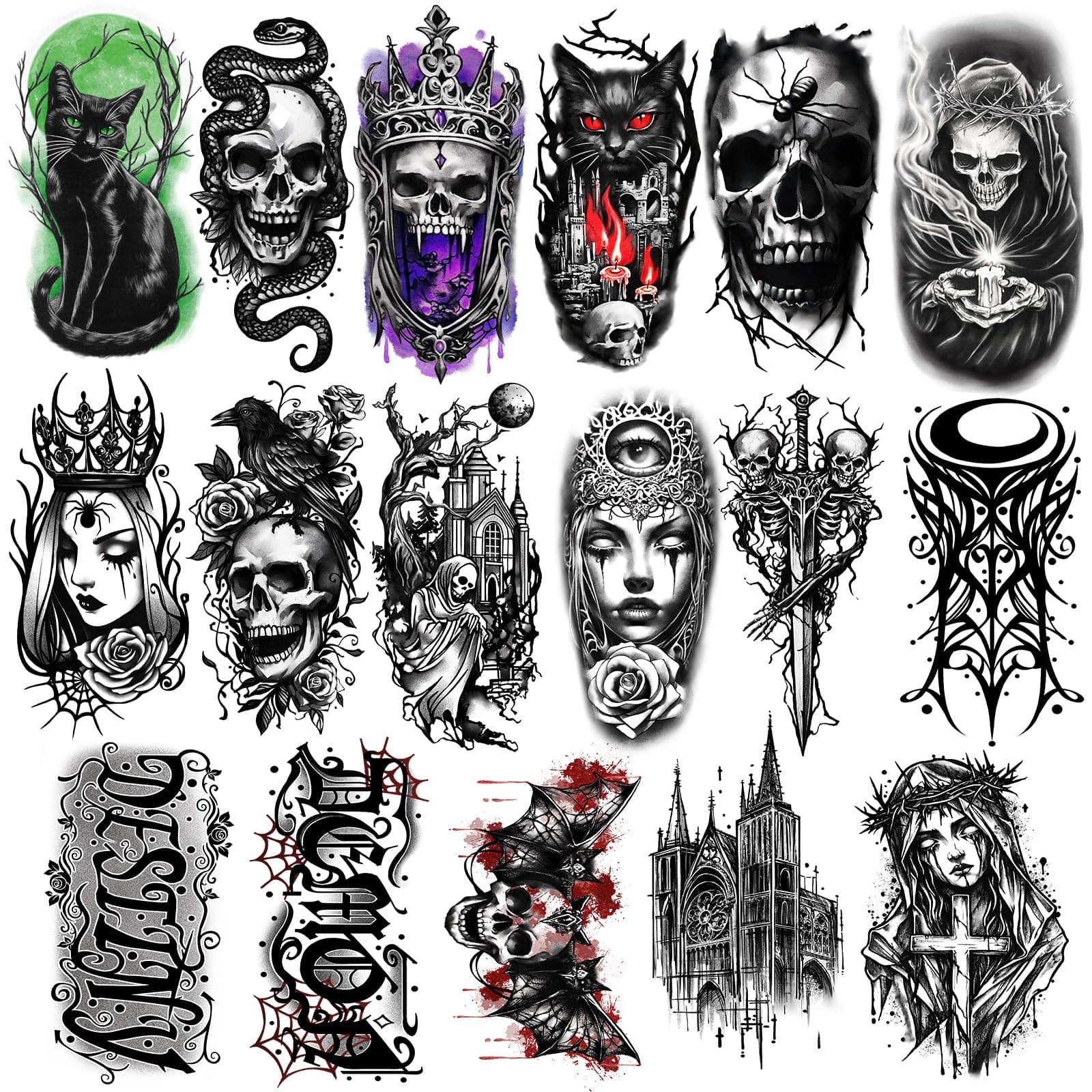 77 Sheets Temporary Tattoo, 17 Sheets Gothic Skull Cat Snake Spider Crow Half Sleeve Scary Fake Tattoos for Adults Men Women, 60 Sheets Small Tattoos Stickers for Boys Girls Party Supplies