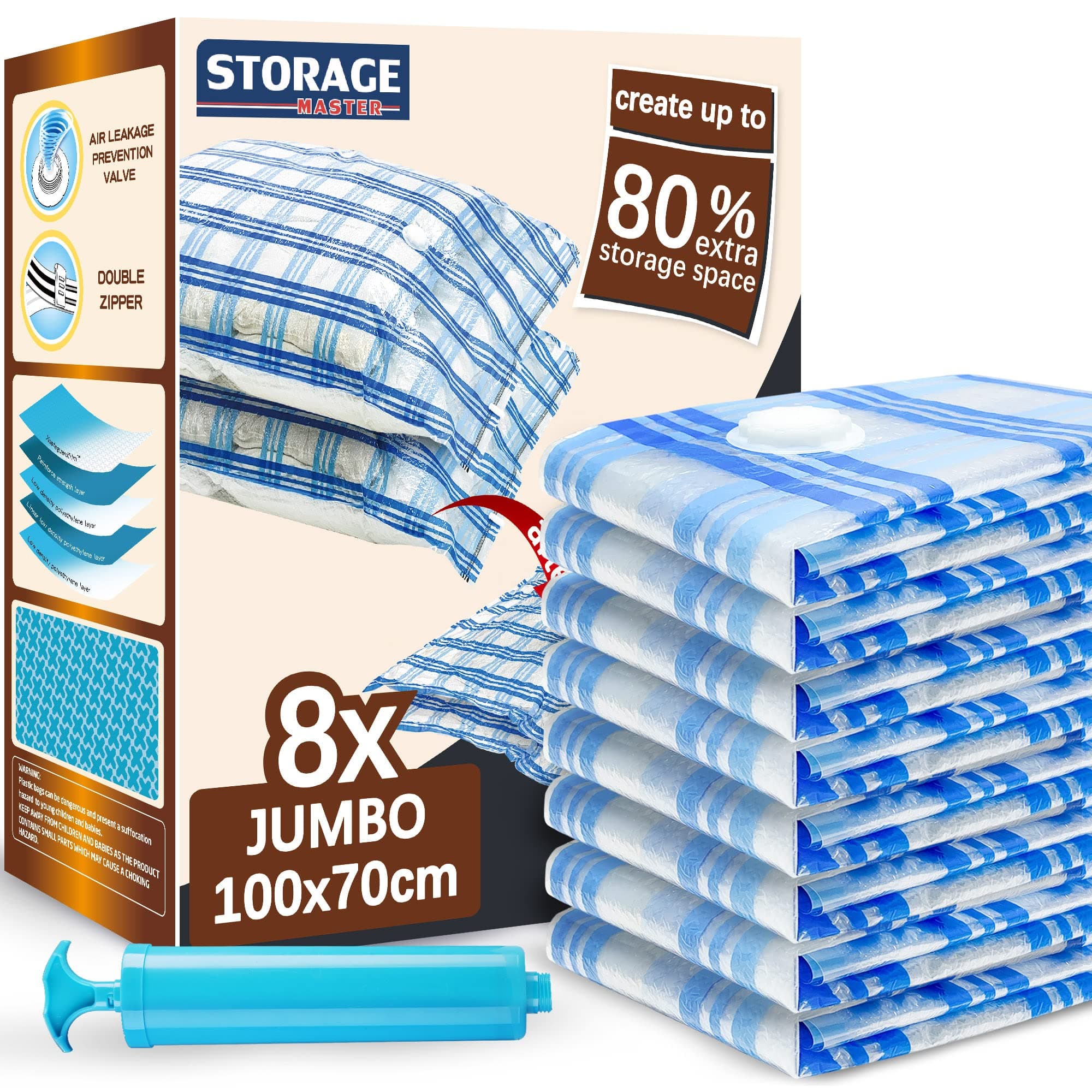 STORAGE MASTER Vacuum Storage Bags, 8-pack Jumbo Size Space Saver Bags 80% More Storage Space with Hand Pump