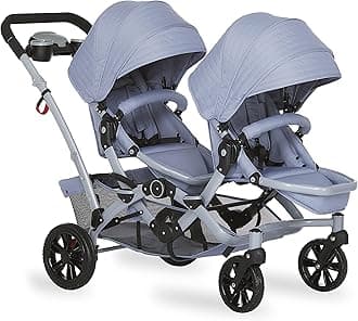 Dream On Me Track Tandem Double Umbrella Stroller in Sky Grey, Lightweight Double Stroller for Infant and Toddler, Multi-Position Reversible & Reclining Seats, Large Storage Basket and Canopy