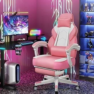 Video Game Chair for Adults, Gaming Chair with Footrest, Big and Tall Computer Chair with Massage Lumbar Support 330lbs Weight Capacity, Adjustable Height, 360° Swivel Seat and Headrest (Pink)