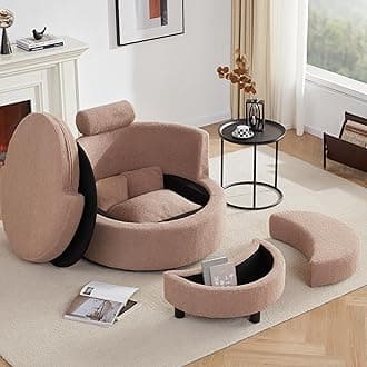 Swivel Chair with Half Moon Storage Ottoman, Round Oversized Swivel Barrel Chair with Base Storage for Living Room, 360°Modern Swivel Accent Chair with 3 Pillows for Home, Teddy Fabric,Brown