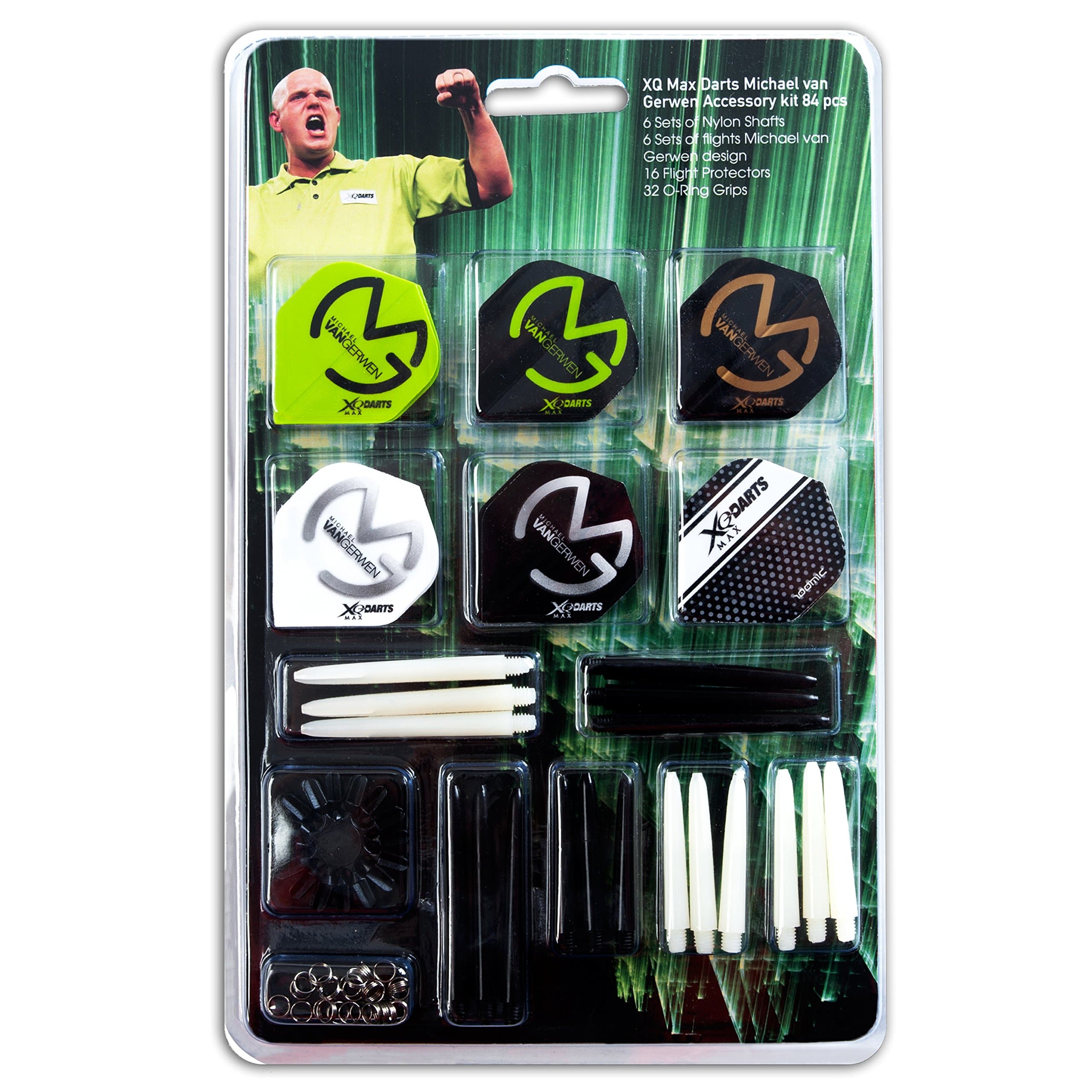XQ MAX Michael Van Gerwen "Mighty Mike" dart accessory kit, 84-piece accessory set with 6 sets of nylon shafts, 6 sets of MvG design (100 micron), 16 flight protectors and 32 O-rings, trendsport professional checkout table