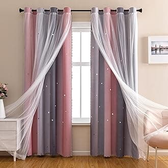 XiDi Dream Star Blackout Curtains for Kids Rooms Girl Princess Curtain for Daughter Bedroom Window (Pink Grey, W34 X L84)