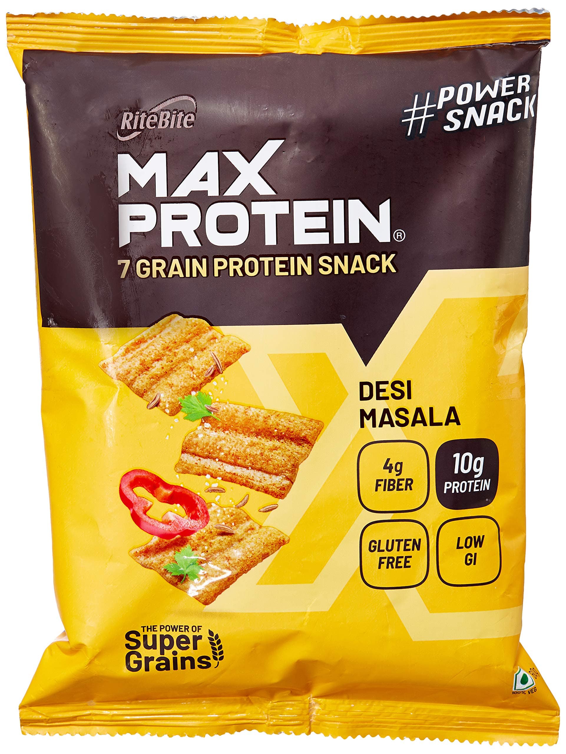 RiteBite Max Protein Desi Masala Protein Chips with 10g Protein, 4g Fiber | Gluten Free, Low GI, No Cholesterol & Trans Fat 7 Grain Protein Snack, 60 Gram (Pack of 4)