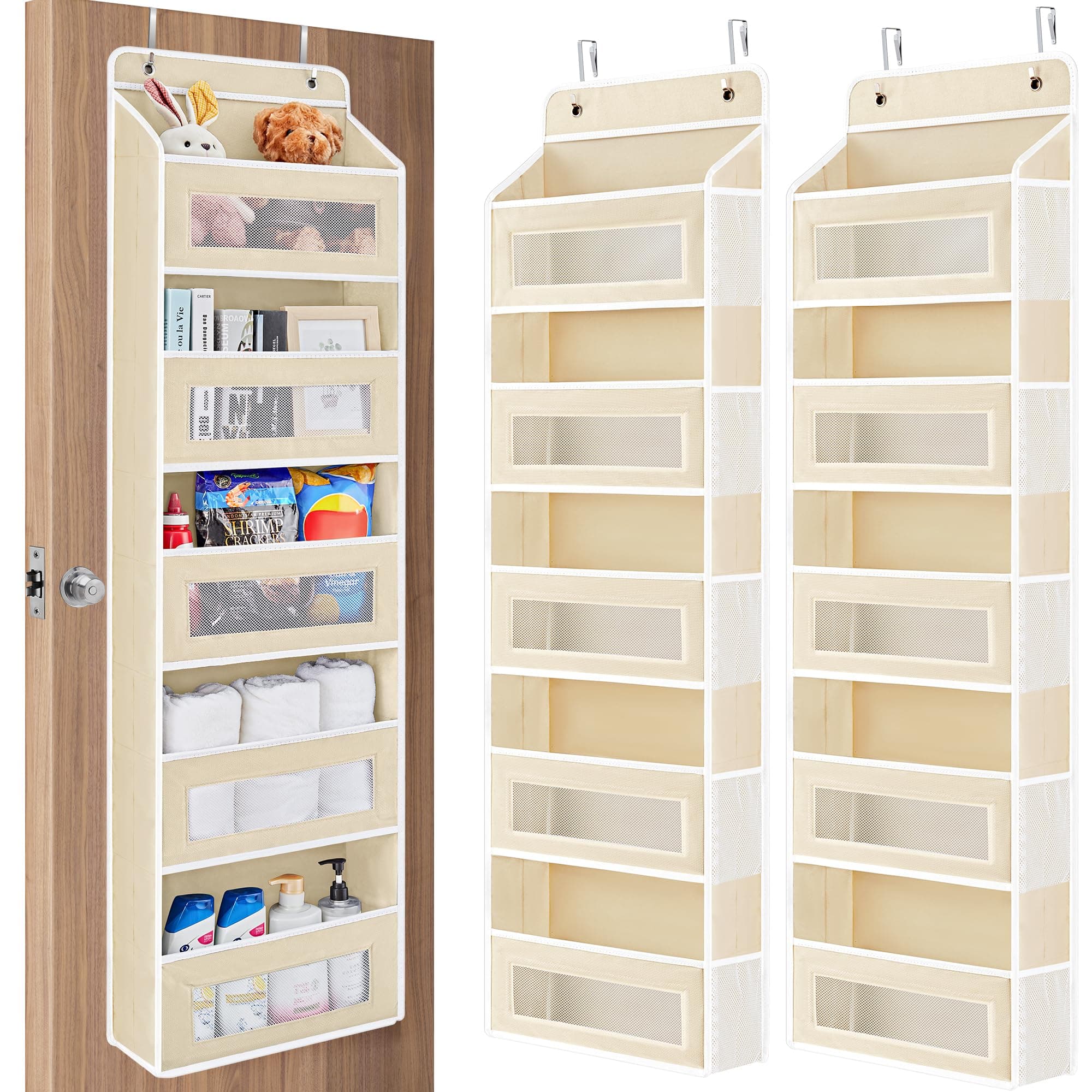 2 Pack Over The Door Organizer Storage, 5 Shelf Hanging Door Organizer with 5 Large Capacity Pockets, Anti Tilt 44 lb Load Behind Door Storage for Bedroom, Bathroom, Pantry, Nursery, (Beige)