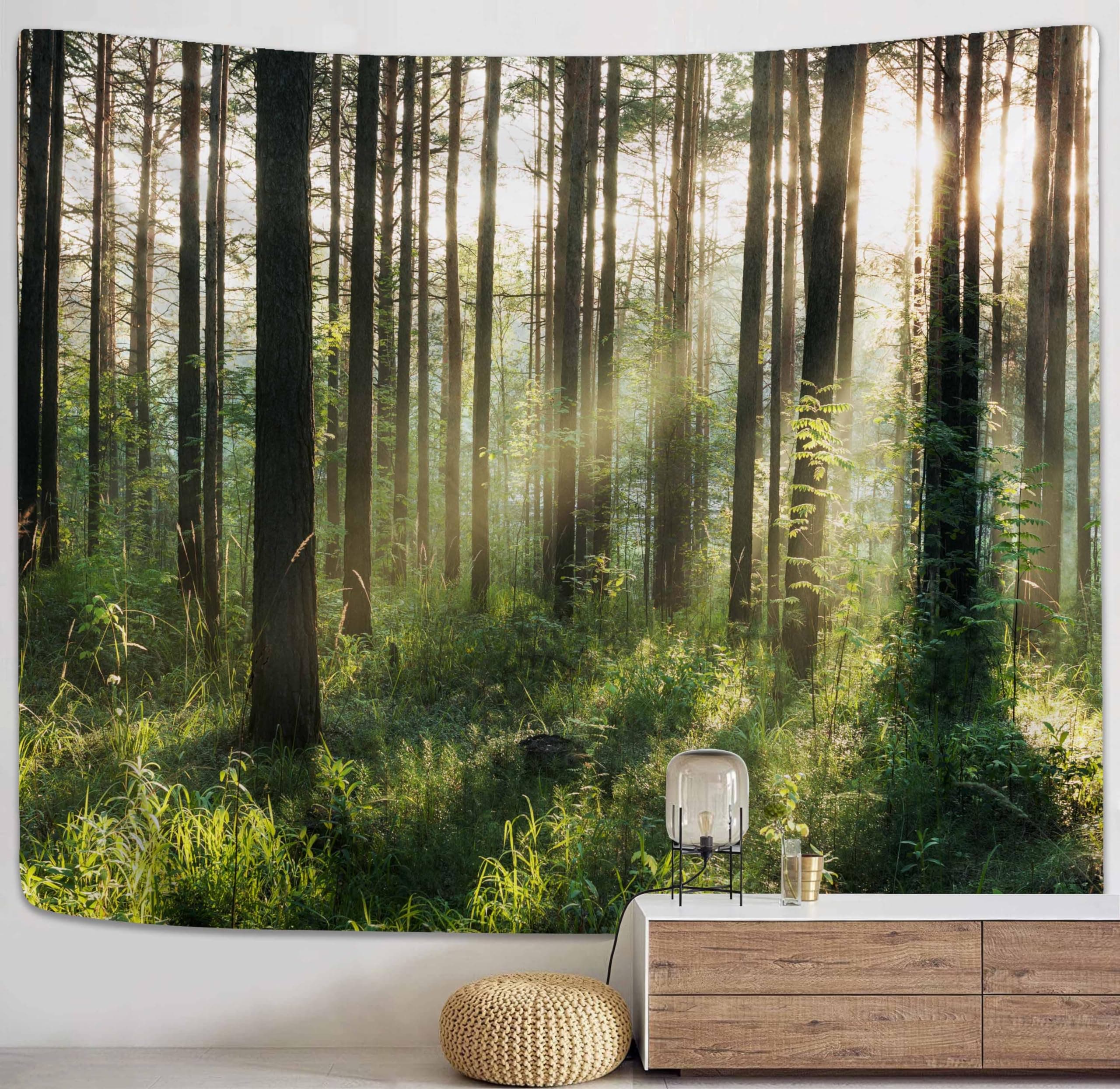 PROCIDA Forest Tree Tapestry Nature Landscape Tapestry Sunshine Through Tree Tapestries Wall Hanging Green Fresh Woodland Scenery for Bedroom Ceiling Aesthetic Decoration, 80 W x 60 H inch, Sunlight