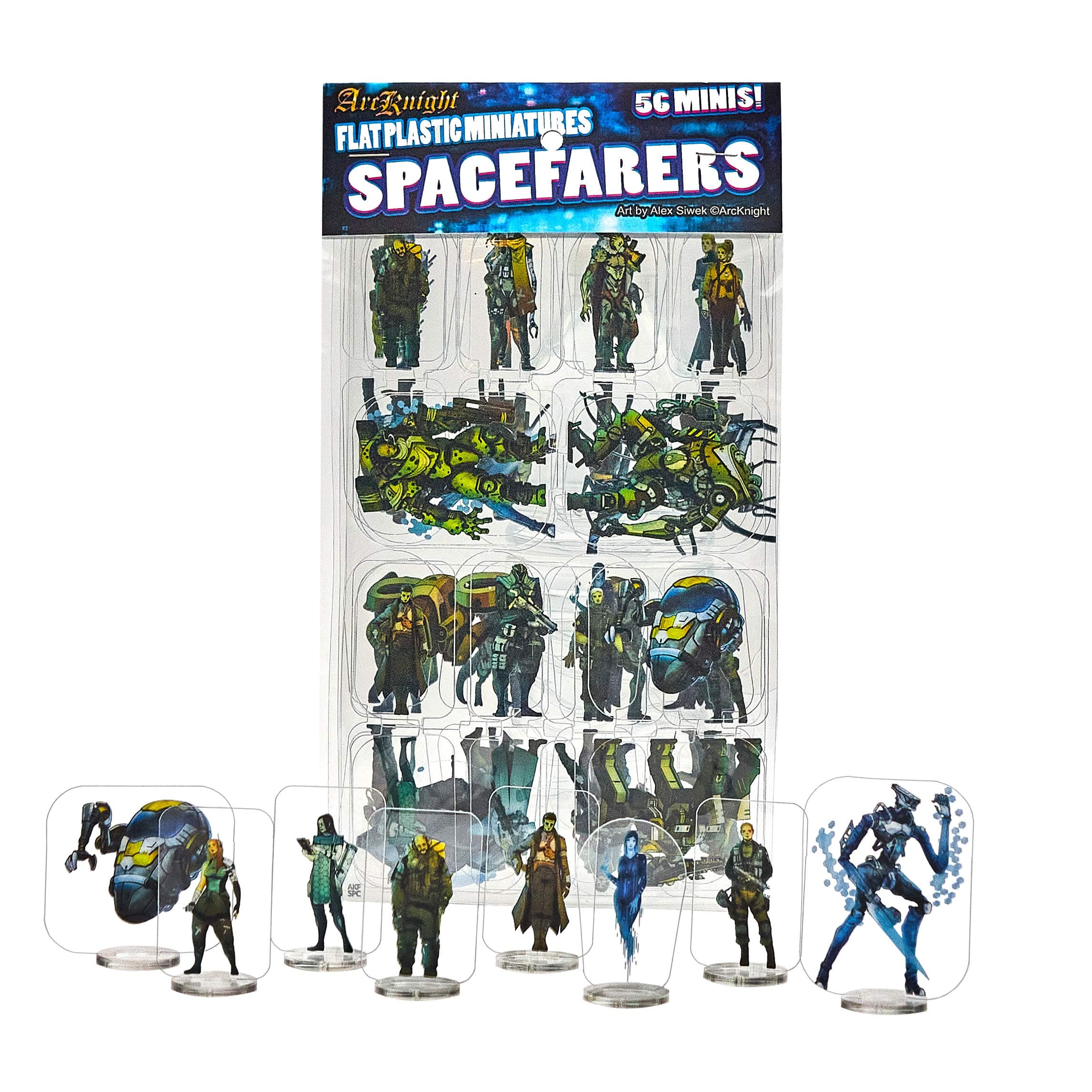 Arcknight Flat Plastic Miniatures: Spacefarers; 56 Unique Sci-Fi-Themed Minis for Starfinder; Affordable, Skinny Figurines for SF, Shadowrun, and Other Tabletop RPG Games