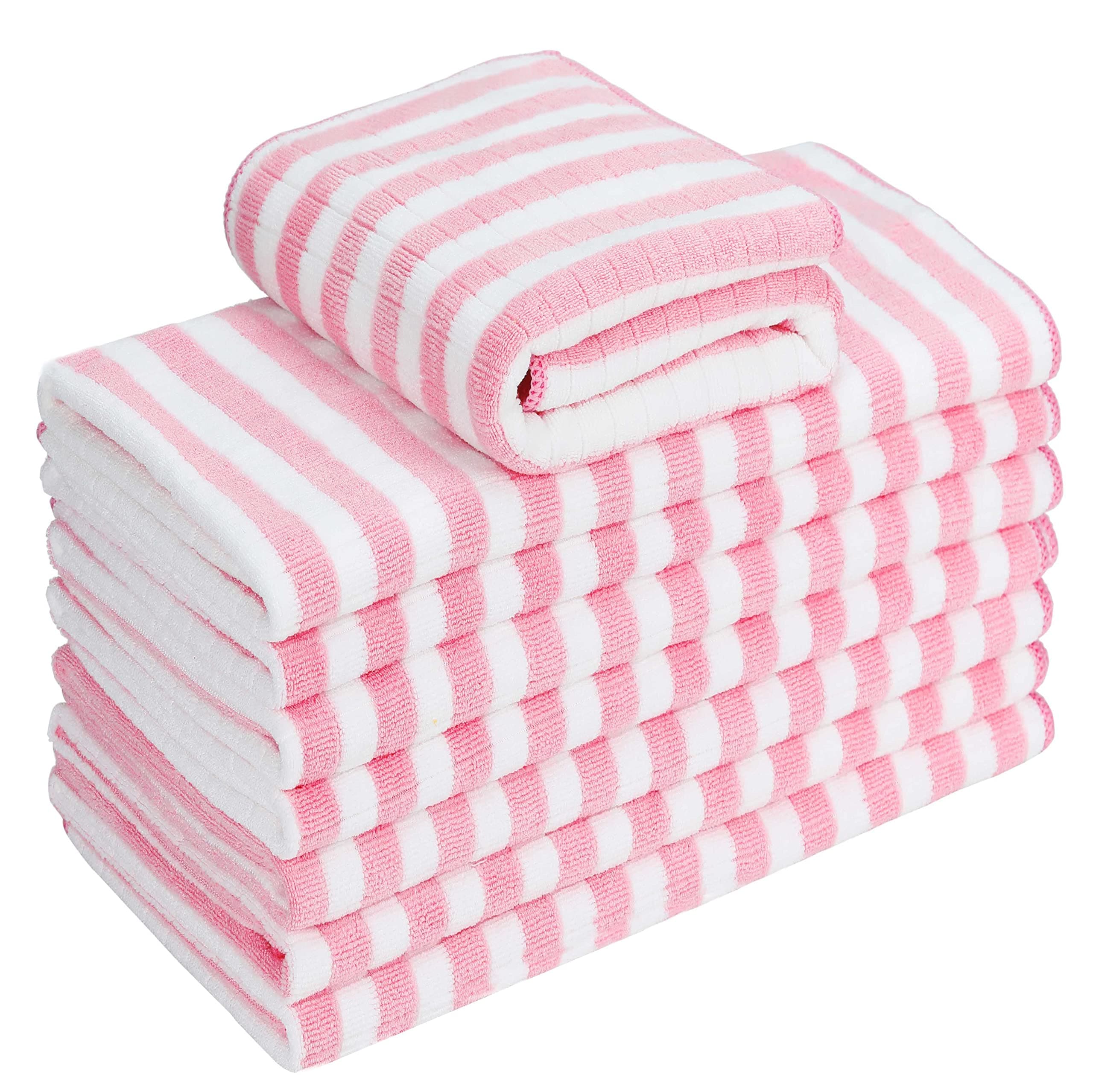 8 Pack Microfibre Tea Towels, Super Absorbent, Soft and Thick Kitchen Towels, Check designed with Hanging Loops, 65 x 45 cm, Pink