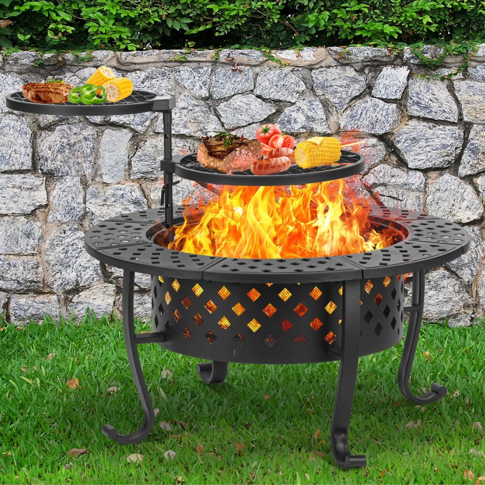 36" Fire Pit with 2 Barbecue Grills Wood Burning Fire Stand Outdoor Lid & Fire Poker BBQ & Outdoor Fire Pit Round Metal Table 3 in 1 for Patio, Picnic, Party