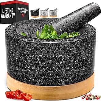 PriorityChef Heavy Duty Mortar and Pestle Set with Bamboo Base, 100% Natural Granite Stone Grinder, Guacamole Bowl and Masher, 1.5 Cups, Black