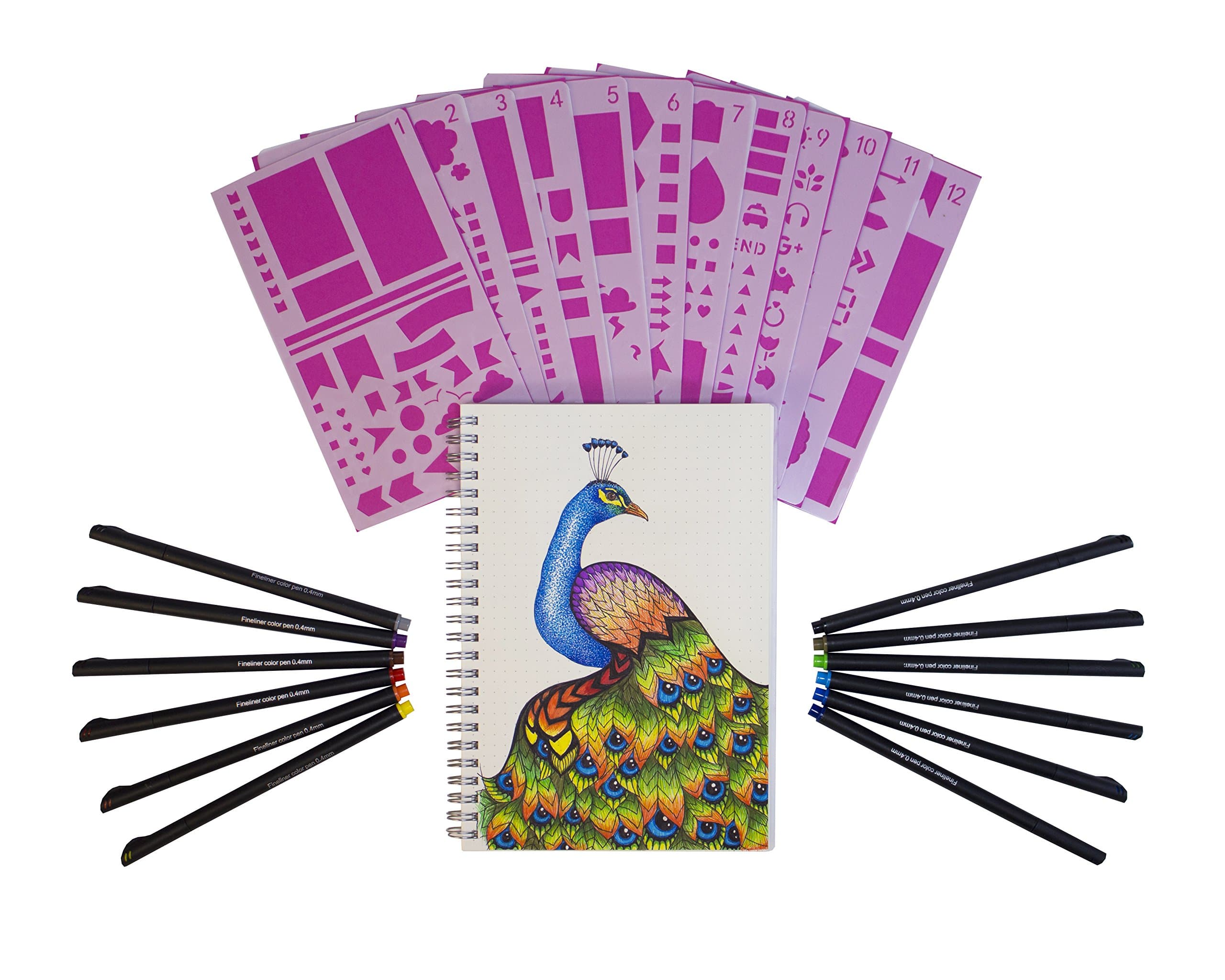 Journal Kit Starter Set - A5 Dotted Spiral Notebook - 12 Fineliner Pens - Stencils - Best for Journaling - Journal Planner Set - by Hieno Supplies