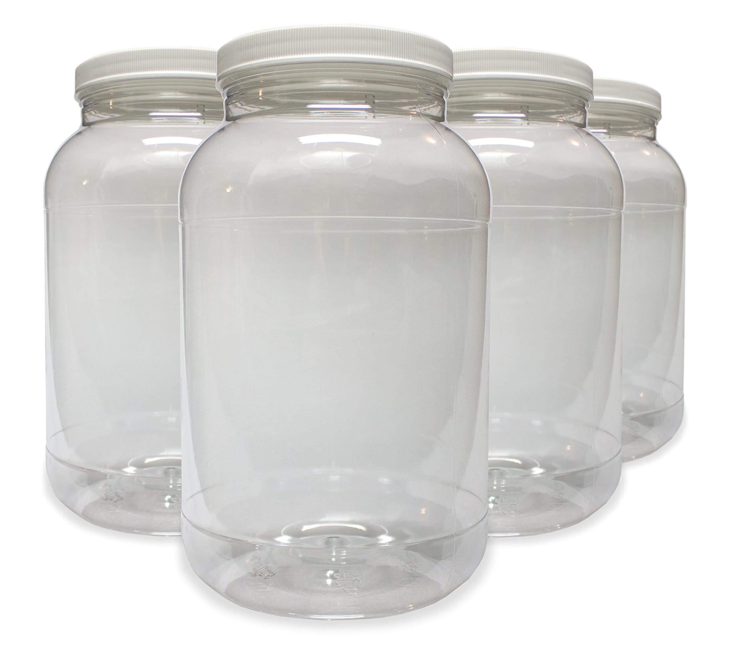 1 Gallon Plastic Jar (4 Pack), Wide Mouth, Clear, with Lined Fresh Seal Lid, Shatter-Proof Container Storage PET 1 BPA Free 4 Quart 128 oz