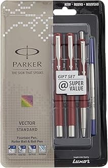 Parker Vector Standard Fountain Pen, Roller Ball Pen And Ball Pen (Red)