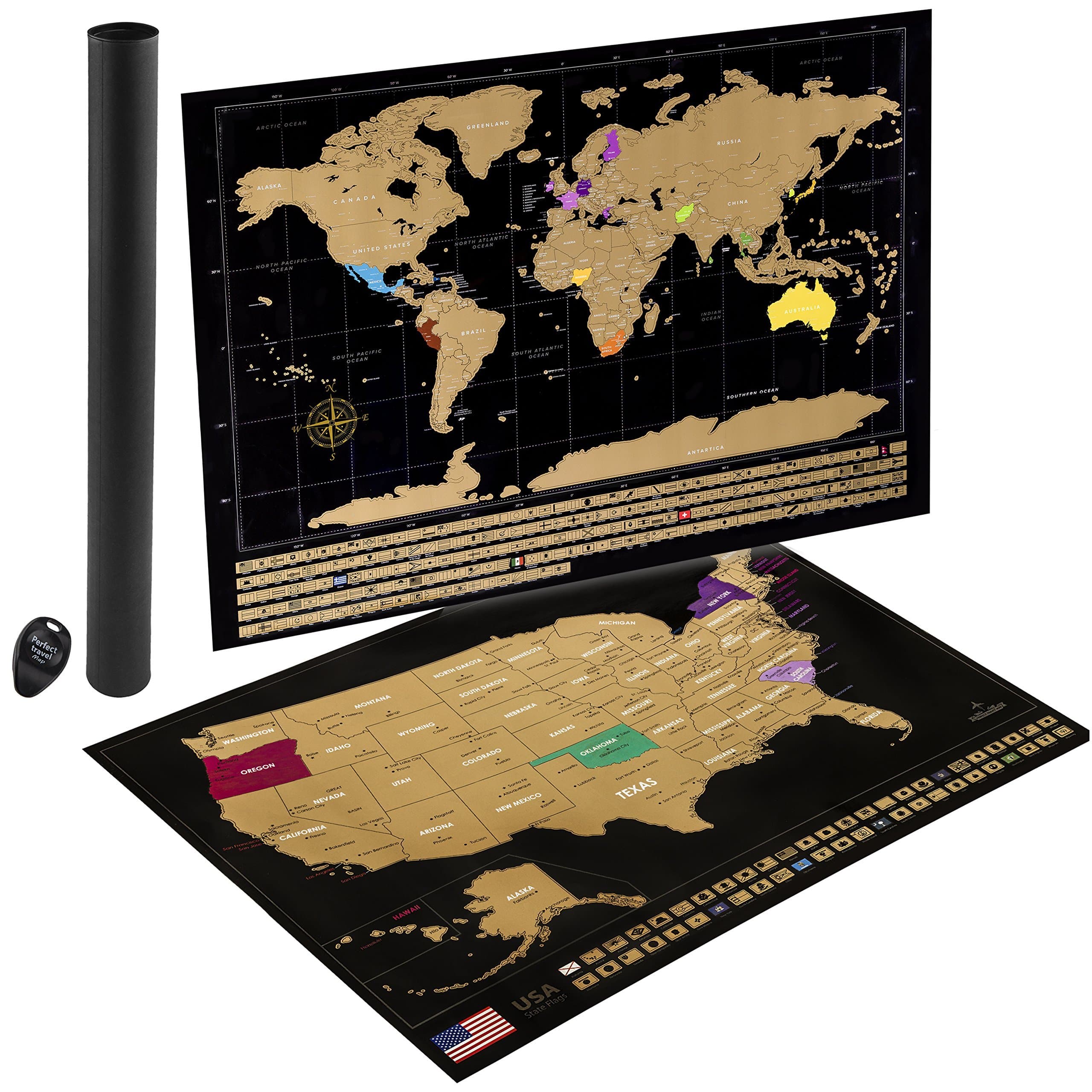 Scratch Off World Map Poster and Scratch Off US Map with State Borders. Detailed Flags and Unique Design. Includes Scratch Tool and Deluxe Tube Packaging by World Travelers United