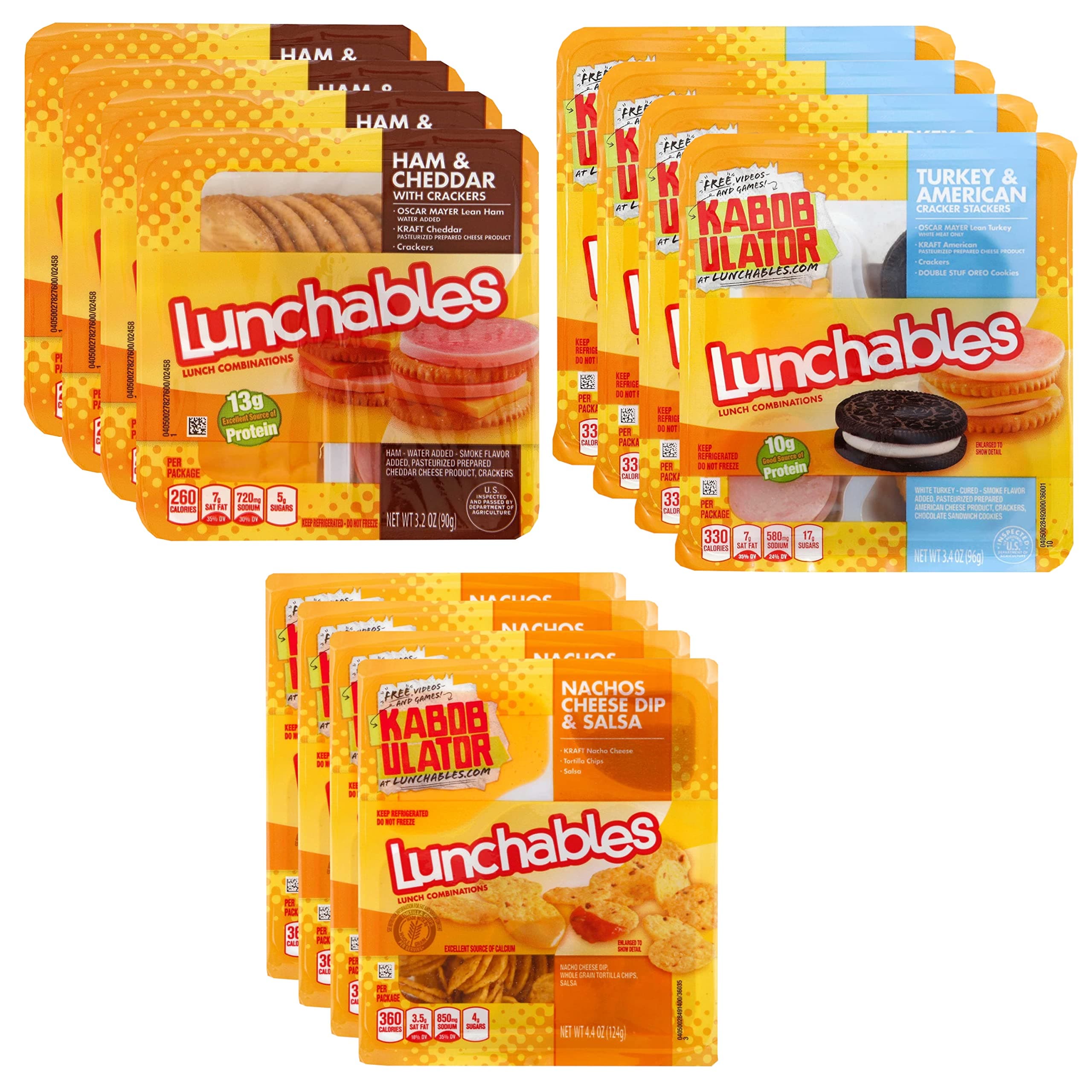 Oscar Mayer Lunch time Party Pack - 4 Lunchables Ham and Cheddar Cheese - 4 Turkey and American Cheese Cracker Stacker - 4 Oscar Mayer Lunchable Cheese Dip and Salsa Nacho- 1 Pack (4 of each 12 total)