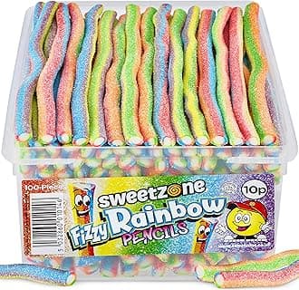 Sweetzone Fizzy Rainbow Pencils, Retro Sweets Tub, Candy Sticks, 100 pcs, Halal Sweet, Sweets Bulk, Gummy American Candies, UK British Candy Enthusiasts