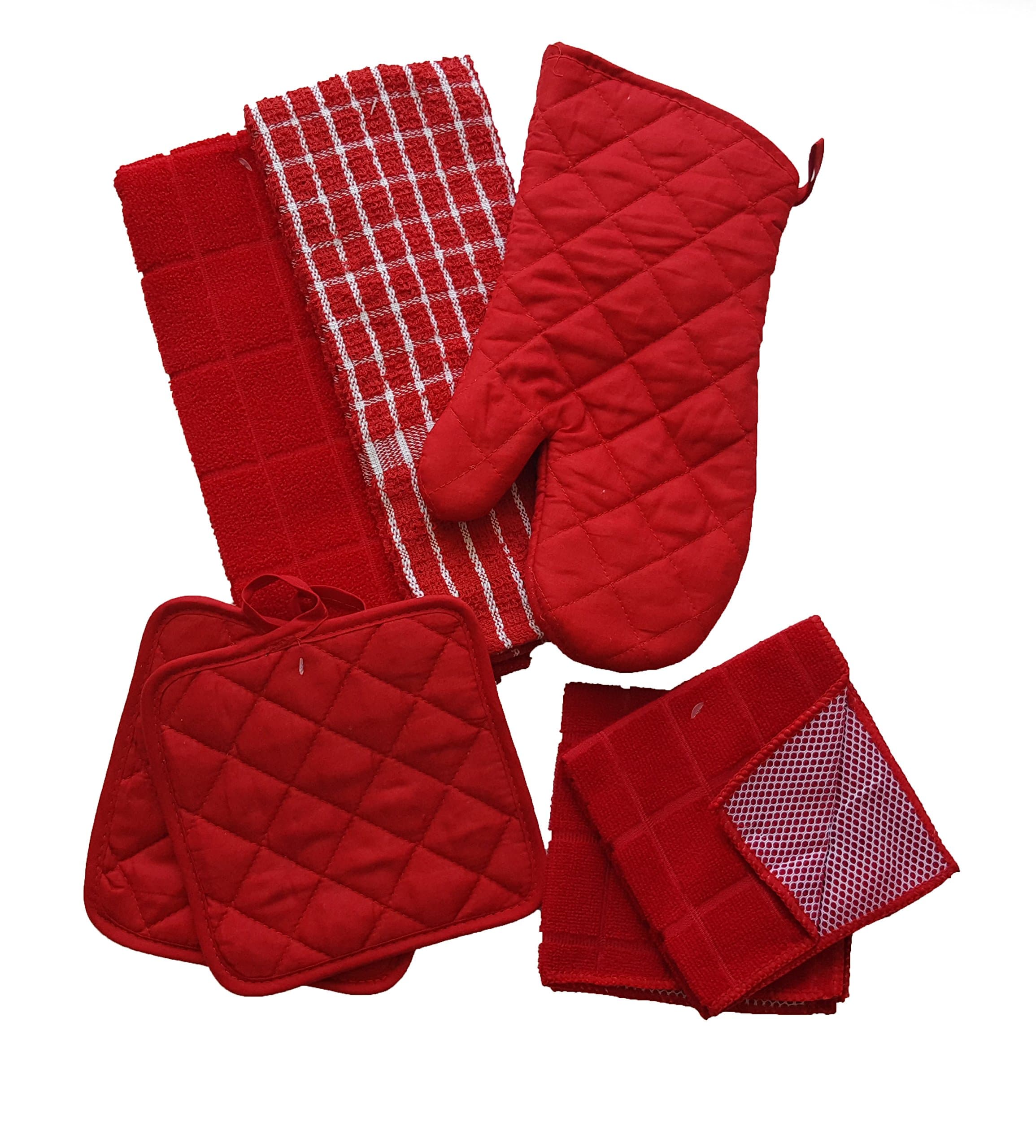 Colorful Red and White 7 Piece Kitchen Linen Bundle With 2 Dish Towels, 2 Dish Cloths, 2 Potholders, and 1 Oven Mitt