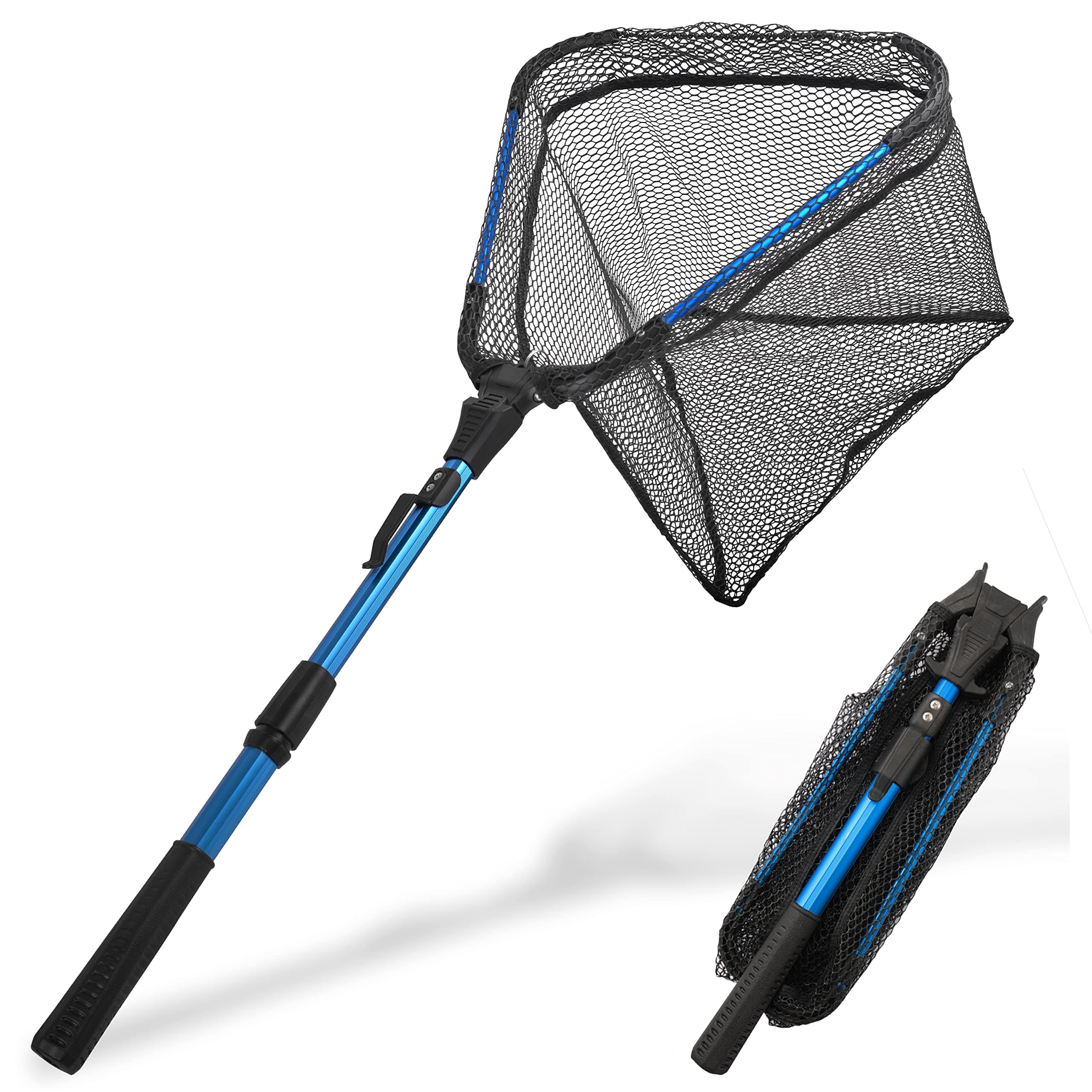 Landing Nets for Fishing with Fixed/Telescopic Rod Handle, Foldable Fish Net Extendable Handle Portable Nylon Net for Pike, Salmon, Trout, Catfish, Easy to Catch and Release