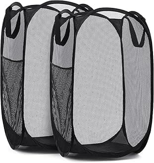 Handy Laundry Collapsible Mesh Pop Up Hamper with Wide Opening and Side Pocket - Breathable, Sturdy, Foldable, and Space-Saving Design for Clothes and Storage (Black | 2-Pack)