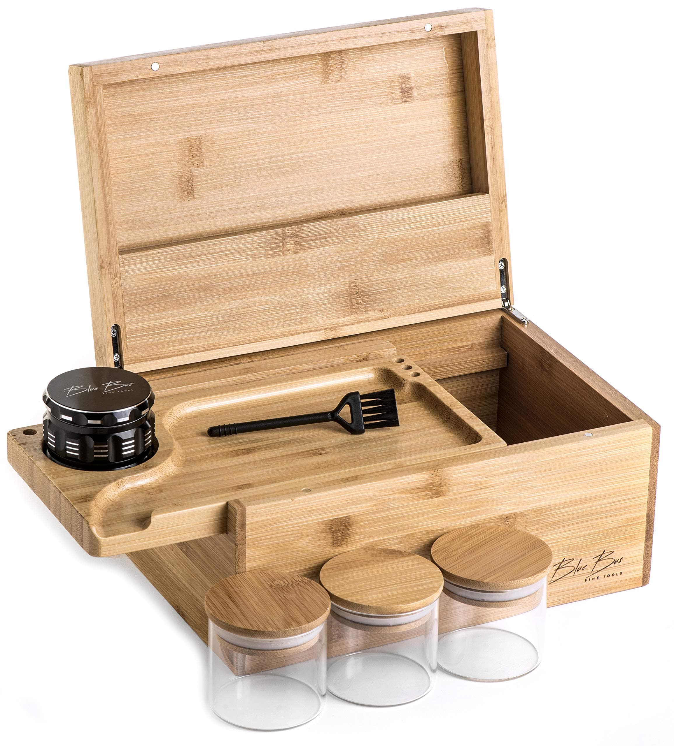 Large Stash Box 100% Bamboo - Smell Proof - Sliding Rolling Tray w/Brush - 3 Airtight Containers - Herb Grinder - Handcrafted/Natural Varnished Color - Width 10.5” x Height 5” x Depth 7”