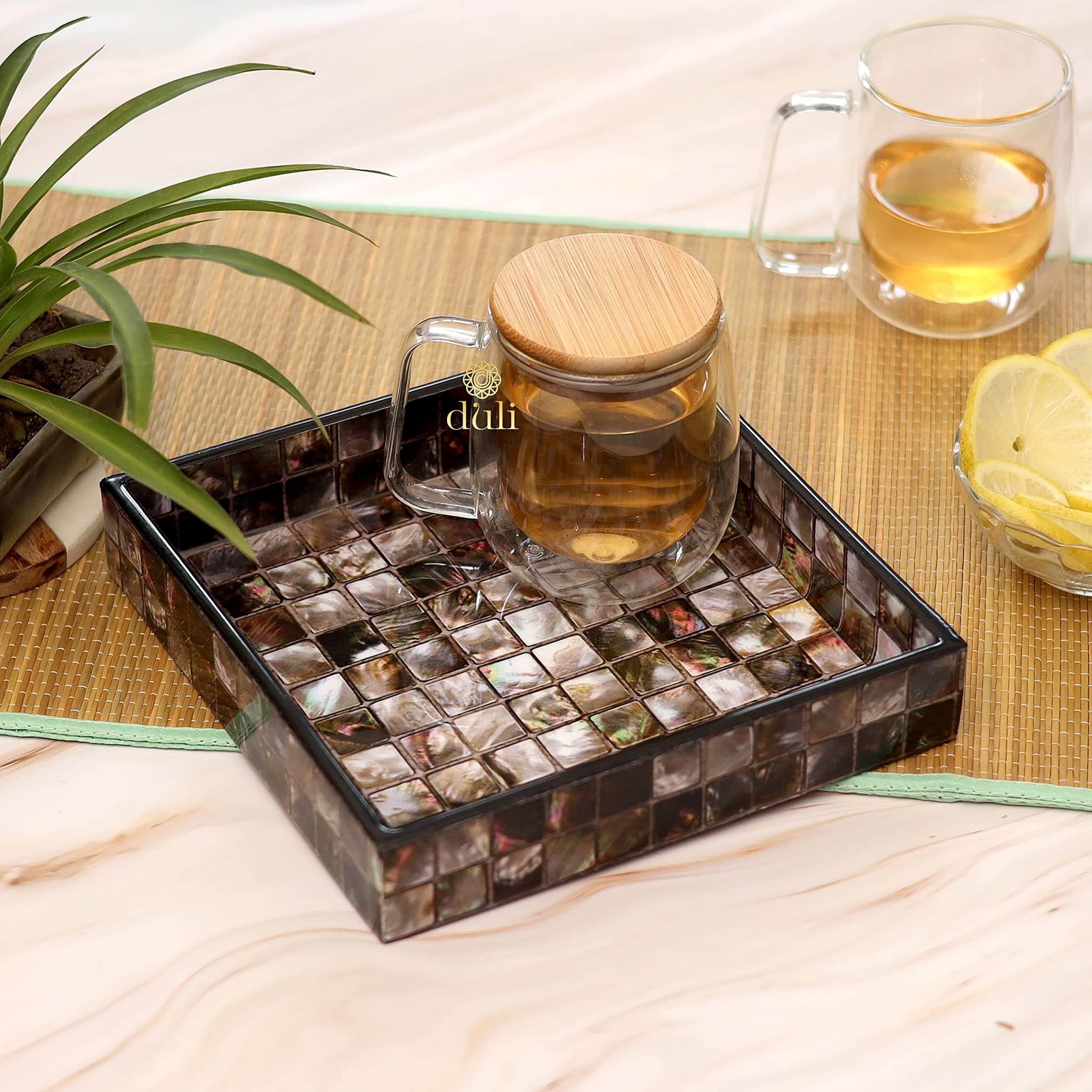 DULI Enamel Coated Multipurpose Tray in MDF | Serving Tray for Home & Dining Table | Multipurpose Tray | Water & Heat Resistant Durable (8x8Tray: MOPCheckered)