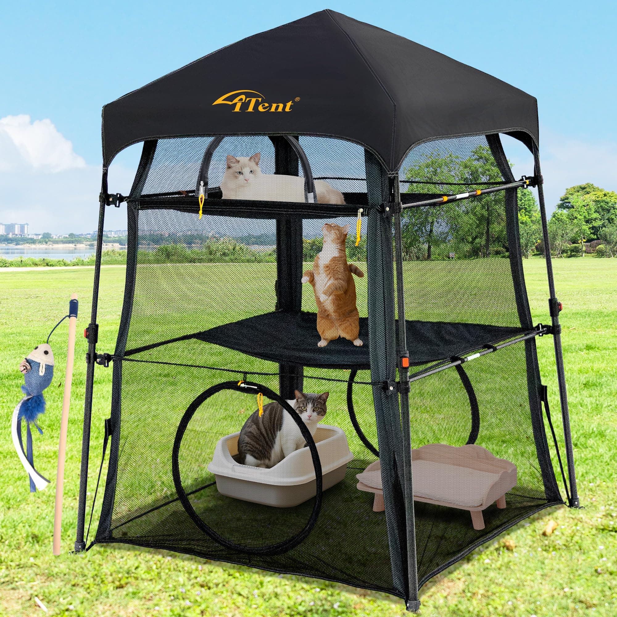 Automatic Pop-Up Cat Enclosure|3-Tier Cat Tent|Cage|Outdoor Catio with Patent,Breathable Portable & Foldable, Stable Structure for Indoor/Outdoor, Free Teaser Wand,Friendly Connectable playpen-Black