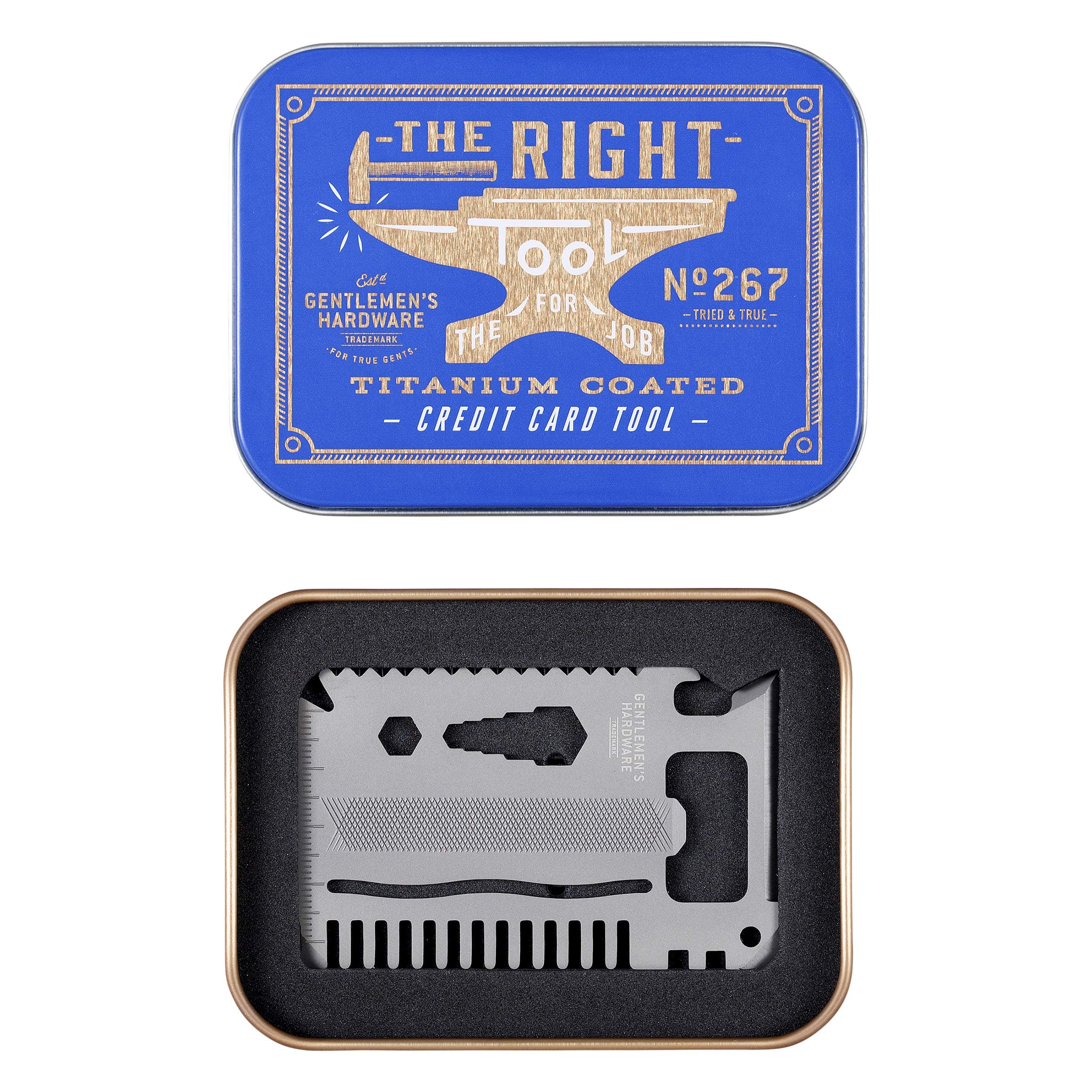 Titanium Credit Card Tool: with 15 Useful Tools, Silver, Product Size: 53 x 83 x 2mm, Packaged in an Illustrated tin.