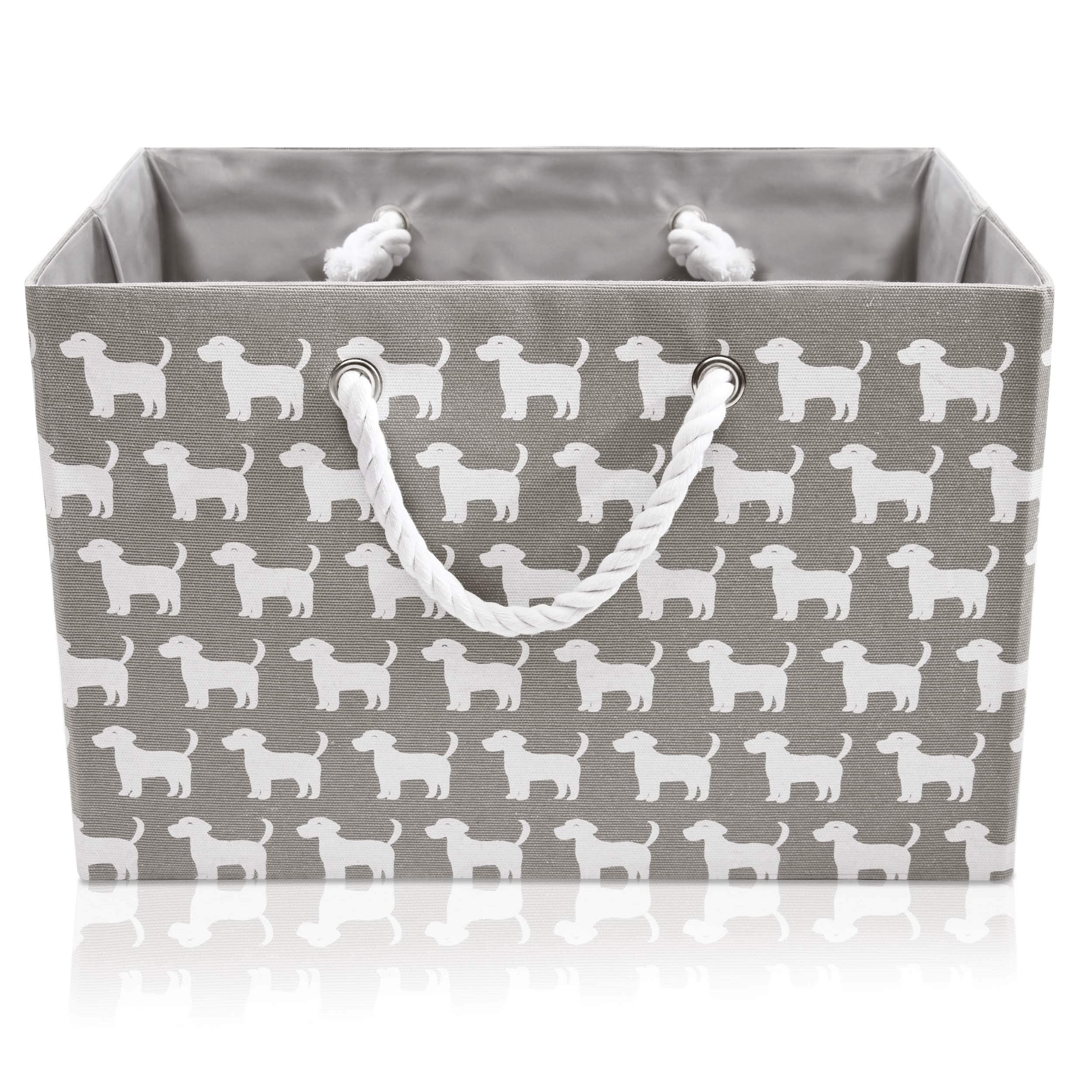 Foldable Gray Canvas Storage Basket Rectangle Fabric Basket with White Dog Pattern – Perfect for Household Storage, Fabrics or Toys. Size: Width 16.5ins x Depth 12.5ins x Height 11ins