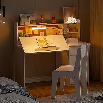 PAKASEPT Kids Desk and Chair Set,Kids Study Desk with 3-Color Lights(Not Rechargeable),Tiltable Desktop,Multi Functional Table for Kids 5-12,Student Writing Desk with Hutch,Storage Cabinet for Bedroom
