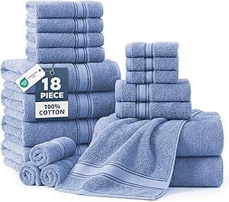 LANE LINEN Bathroom Towels Set of 18 – Zero Twist, 100% Mercerized Cotton Towel, 6 Bath, 6 Handtowel & 6 Washcloths, Luxury Hotel Design, Perfect for Salon & Guests, Machine Washable – Cerulean Blue