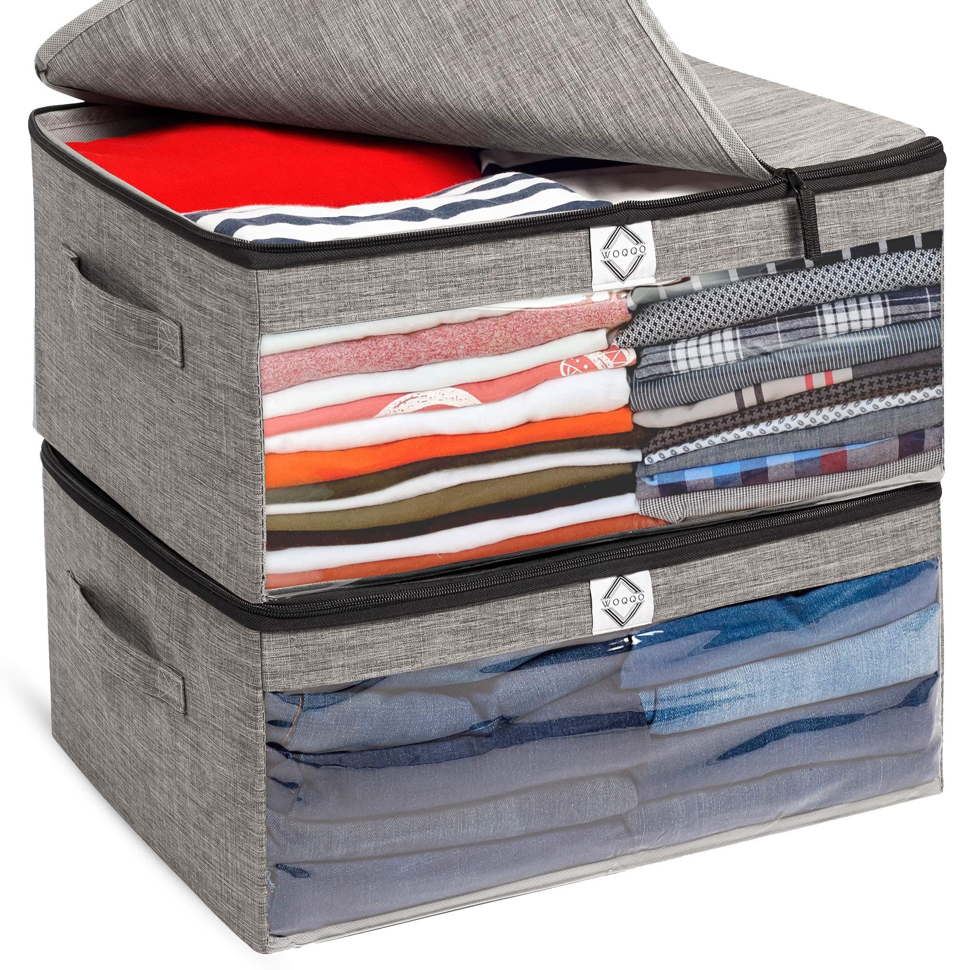 Clothes Storage Bins with Clear Window and Soft Lids. Sturdy Foldable Clothing Containers. Clothes Organizer for Closet Sweaters Blankets Linen. Cloth Storage Bags Set of 2 (Grey)