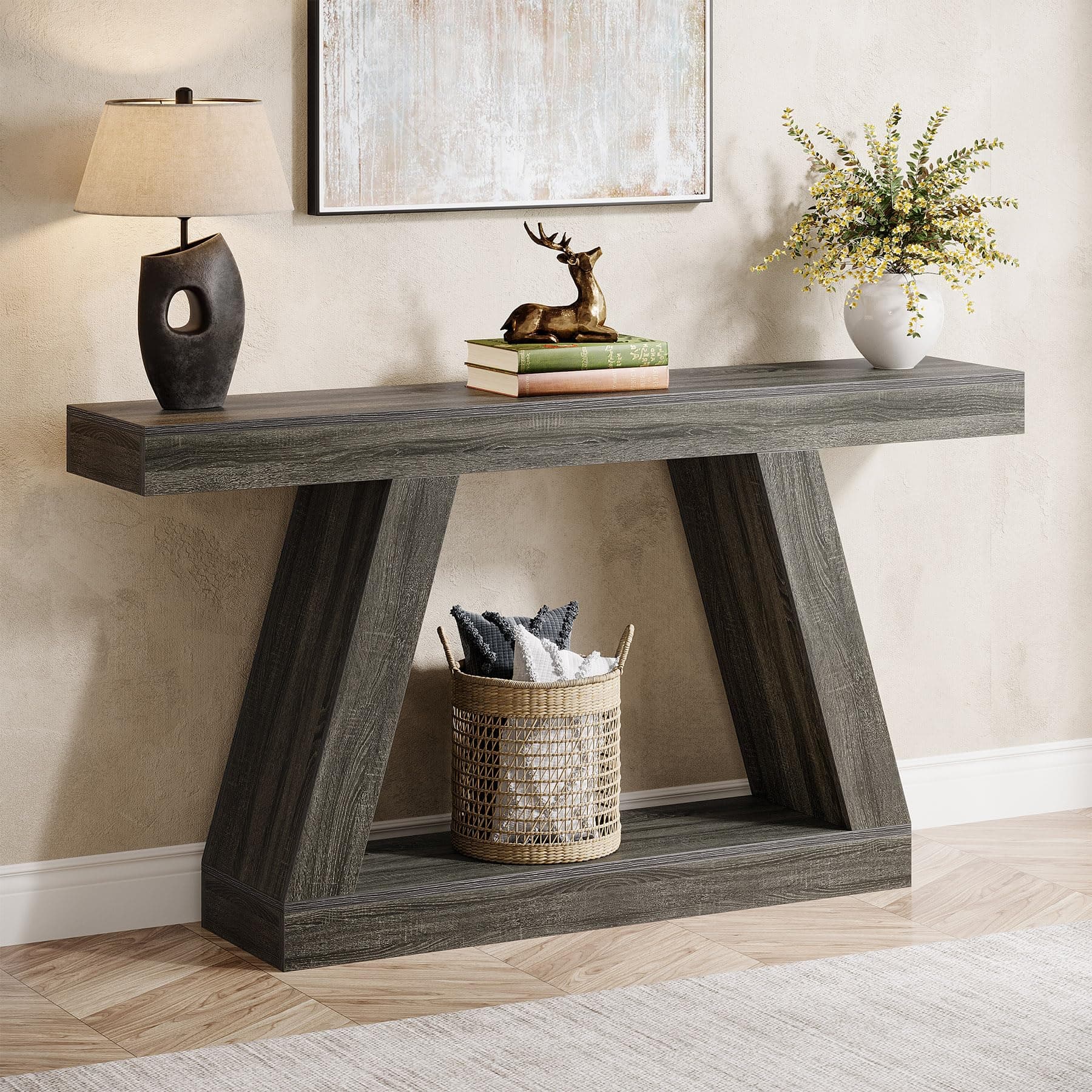 Farmhouse Console Table, 55-Inch Rustic Sofa Table with Storage, Industrial Wooden Entryway Table for Hallway, Living Room, Gray