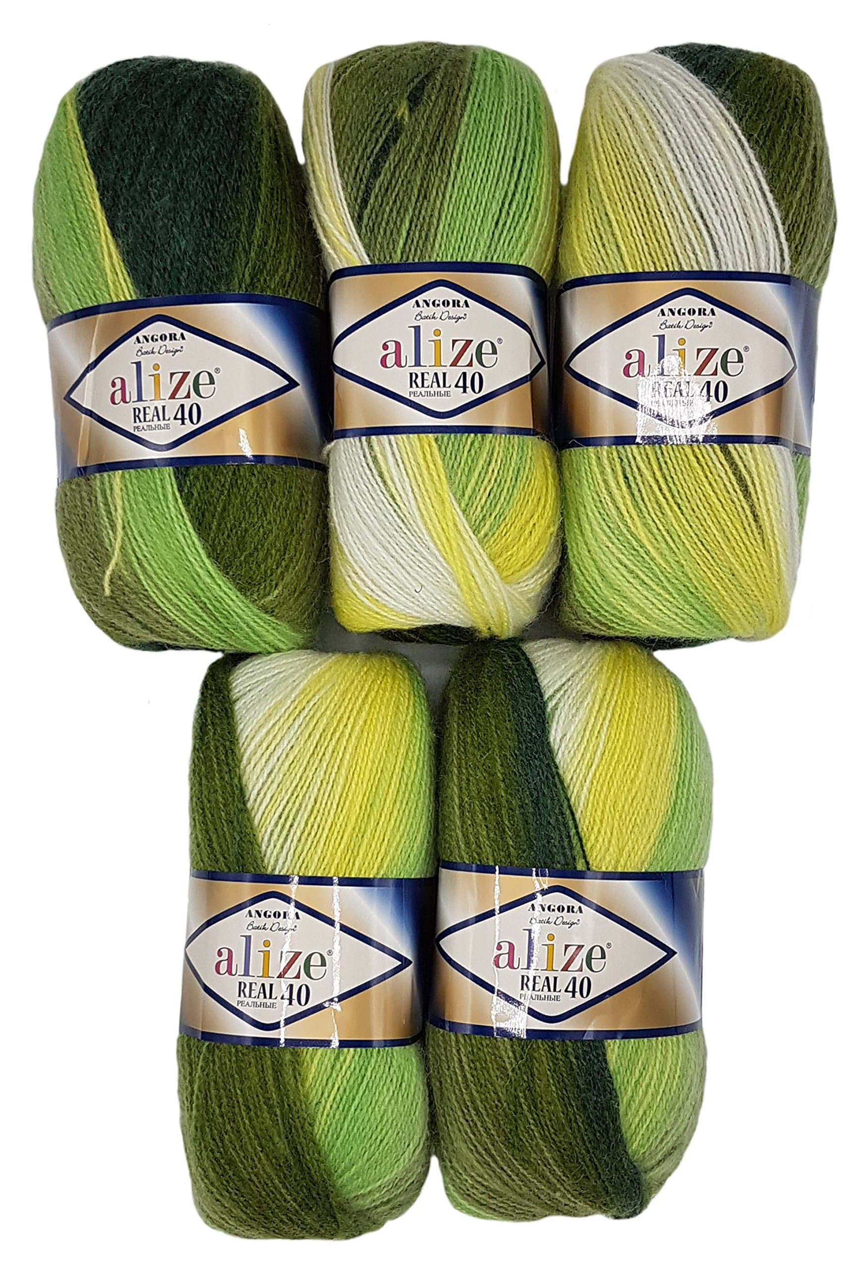 5 x 100 g Alize Knitted Wool Olive Yellow White Gradient 40% Content No. 1593, 500 g