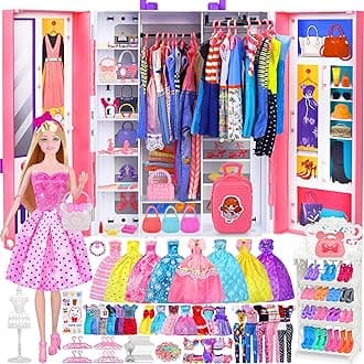 Doll Closet Playset with Doll, 342 Pcs Clothes and Accessories, Princess Dresses Top Pants Swimsuits Wardrobe Shoes Hangers and Other Accessories, Dress up Toys for Girls Toddlers Gift Toys