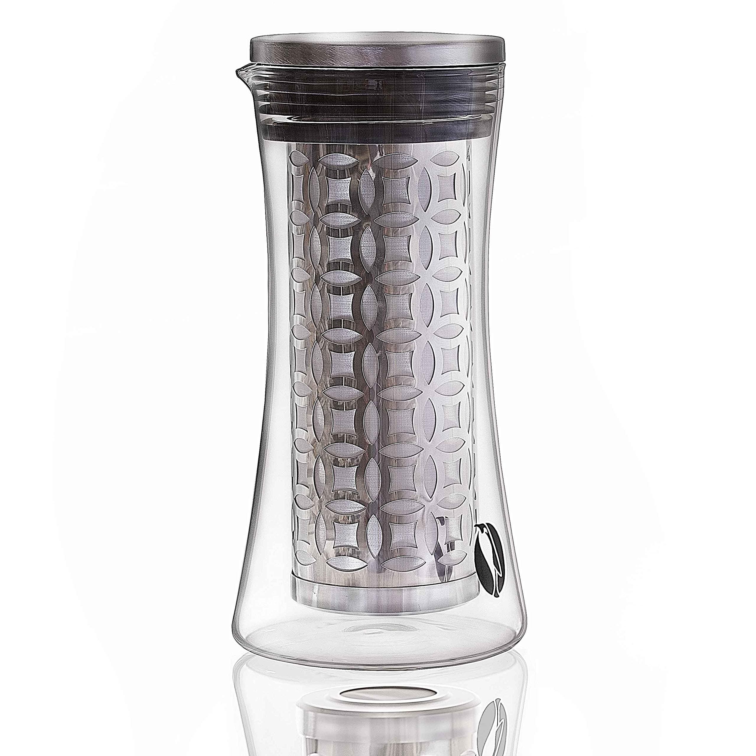 Cold Brew Iced Coffee Maker 1.2 Liter- Customers Spoke, We Listened. Version 2.0 Now Available! Thicker, Stronger Glass Pitcher. Dual Layer Stainless Steel Filter w Microscopic Holes