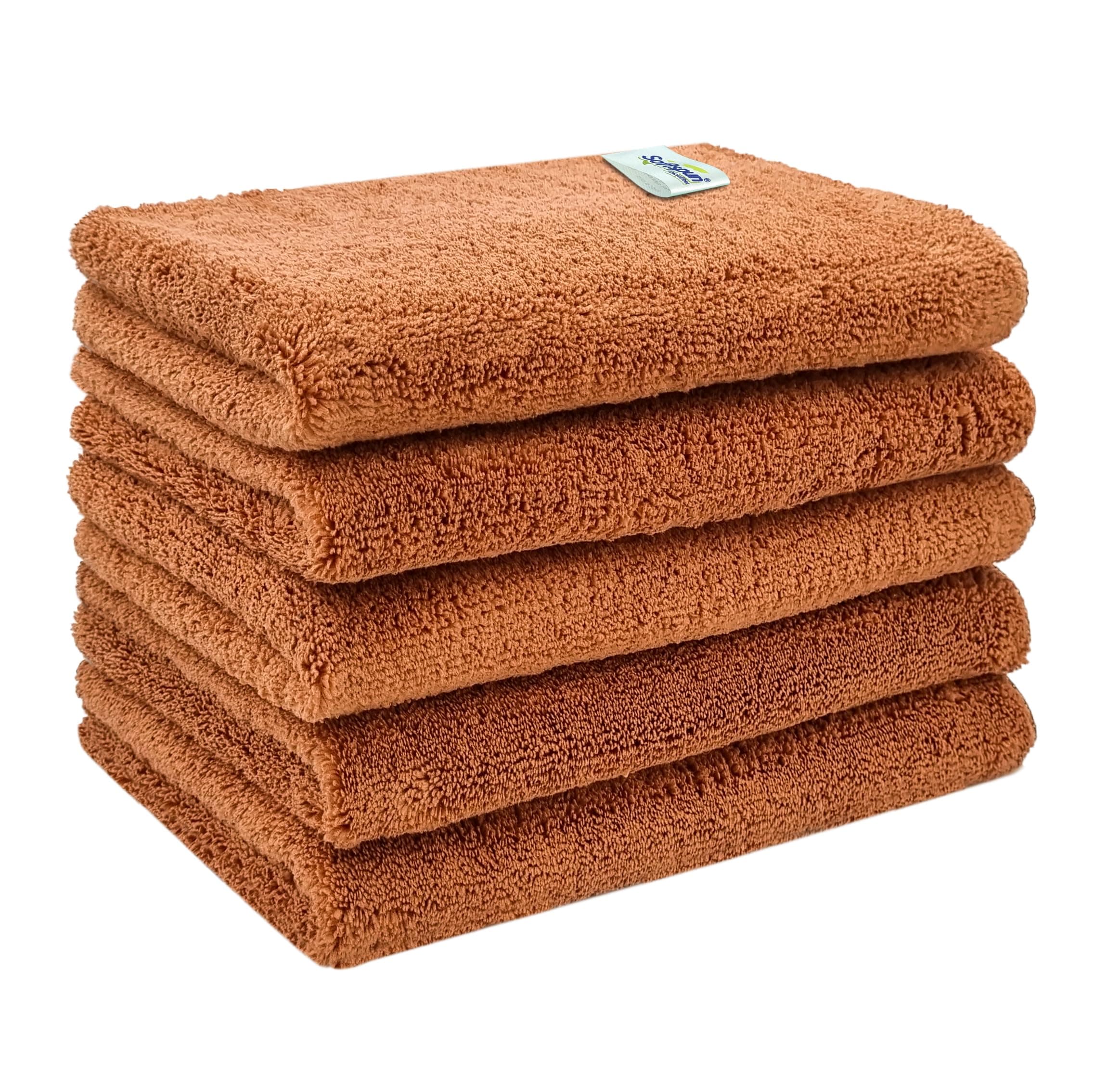 SOFTSPUN Microfiber High Loop Cleaning Cloths, 40x60 cms 5 pcs Towel Set 380 GSM (Brown). Thick Lint & Streak-Free Multipurpose Cloths.
